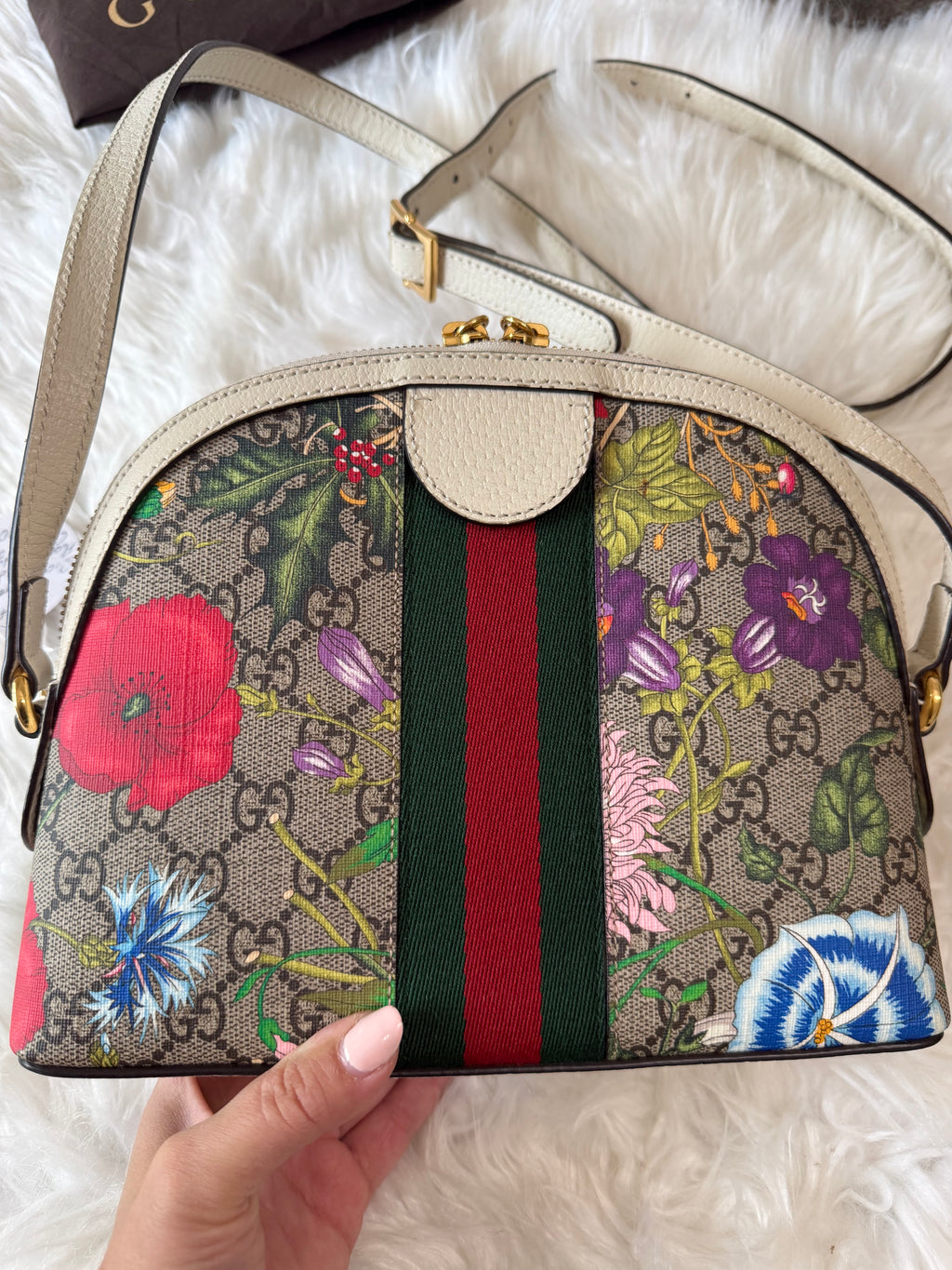 GUCCI SMALL GG SUPREME WEB FLORA OPHIDIA DOME CROSSBODY BAG