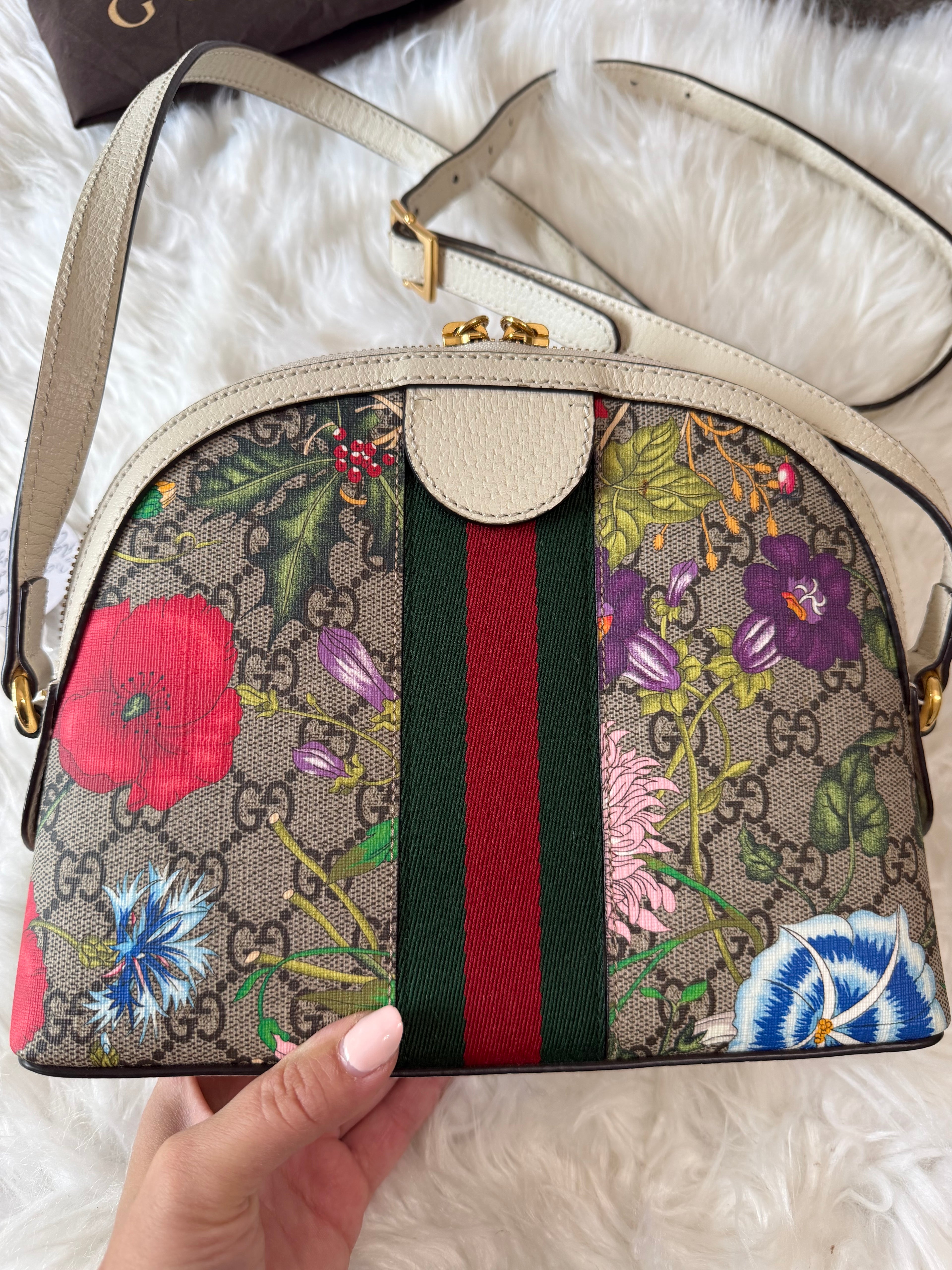 GUCCI SMALL GG SUPREME WEB FLORA OPHIDIA DOME CROSSBODY BAG