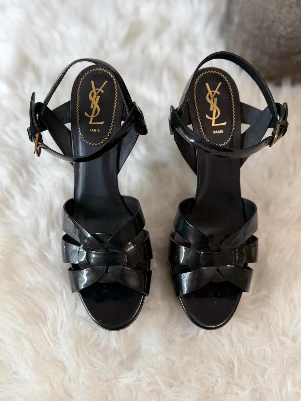 SAINT LAURENT TRIBUTE PATENT LEATHER PLATFORM SANDALS