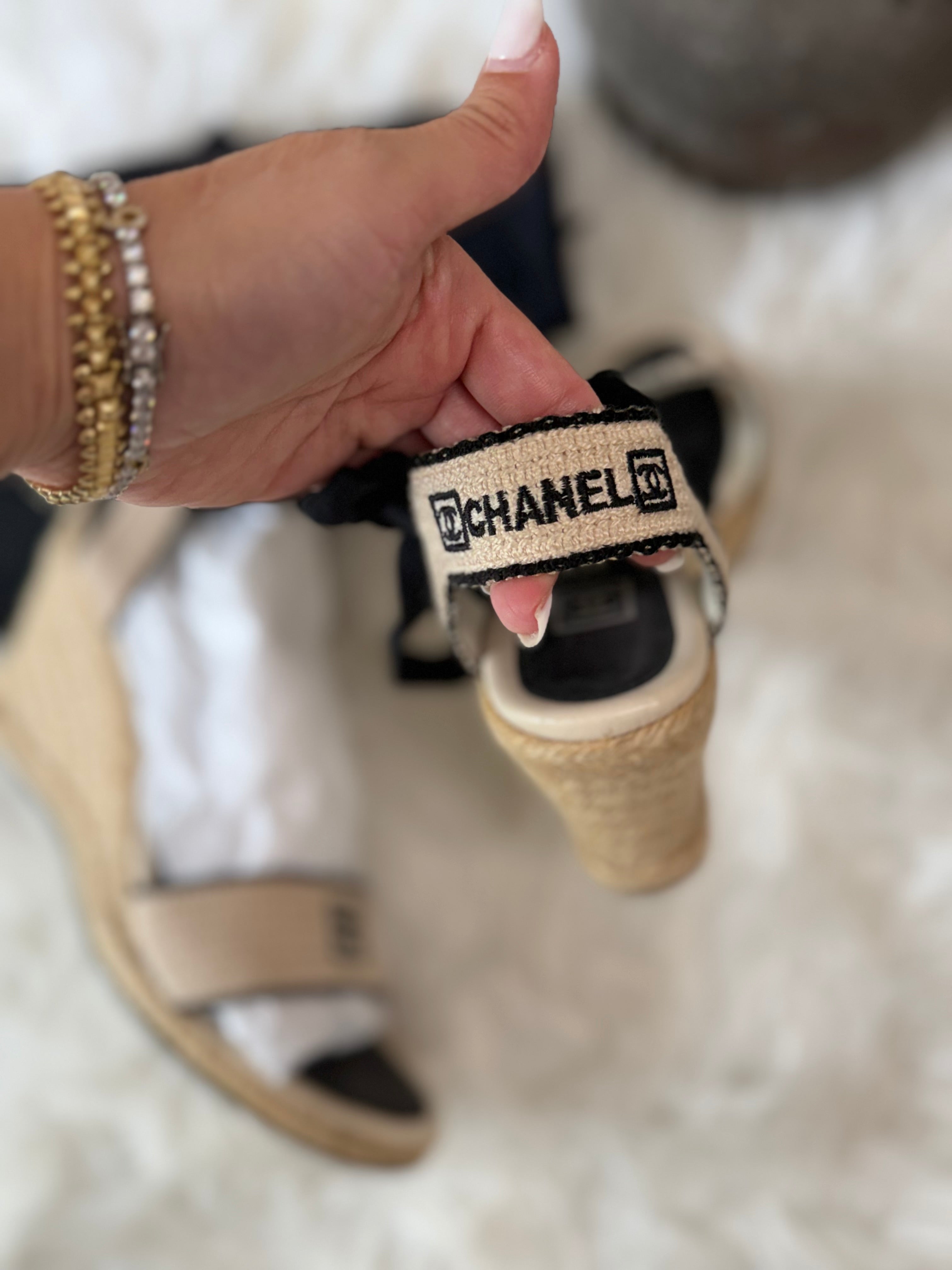 CHANEL CROCHET ESPEDRILLE WEDGES WITH BLACK TRIM
