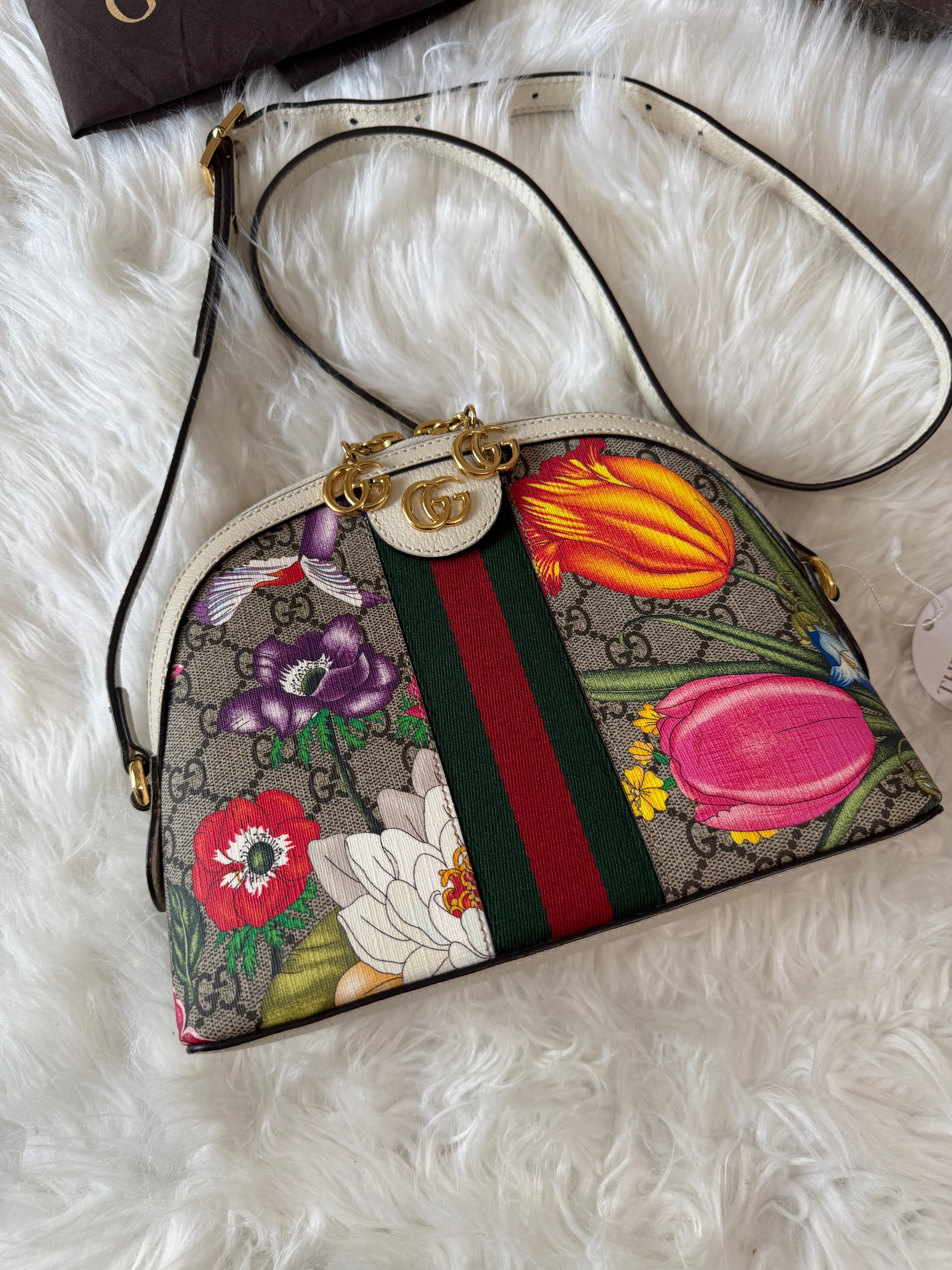 GUCCI SMALL GG SUPREME WEB FLORA OPHIDIA DOME CROSSBODY BAG