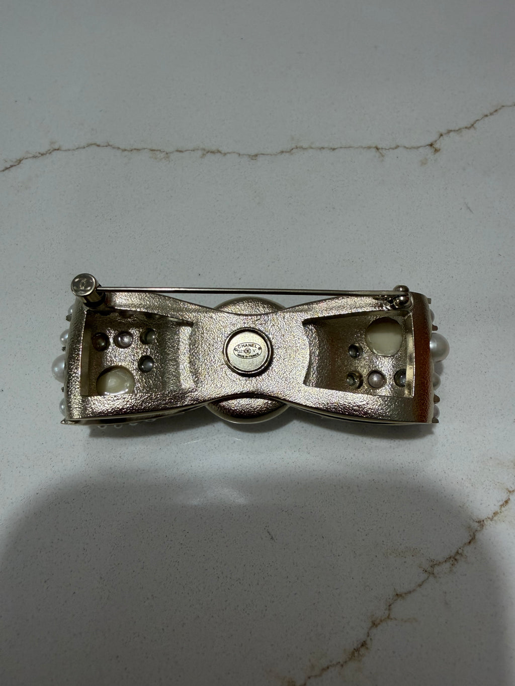 CHANEL BOW PEARL AND CHRYSTAL BROOCH