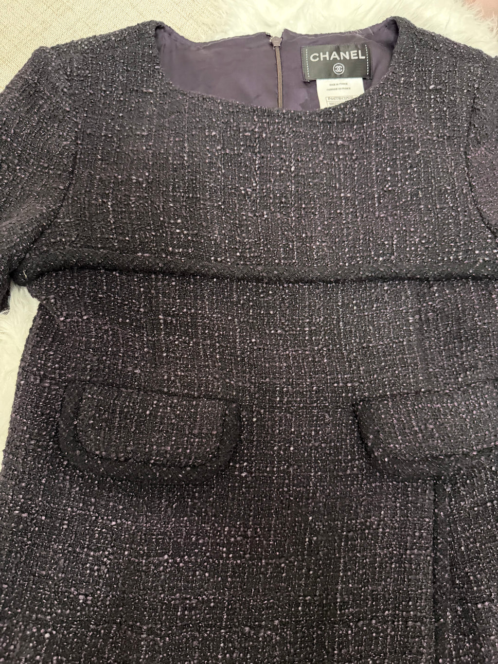 CHANEL TWEED SHORT SLEEVE DRESS WITH FRONT FLAP POCKETS