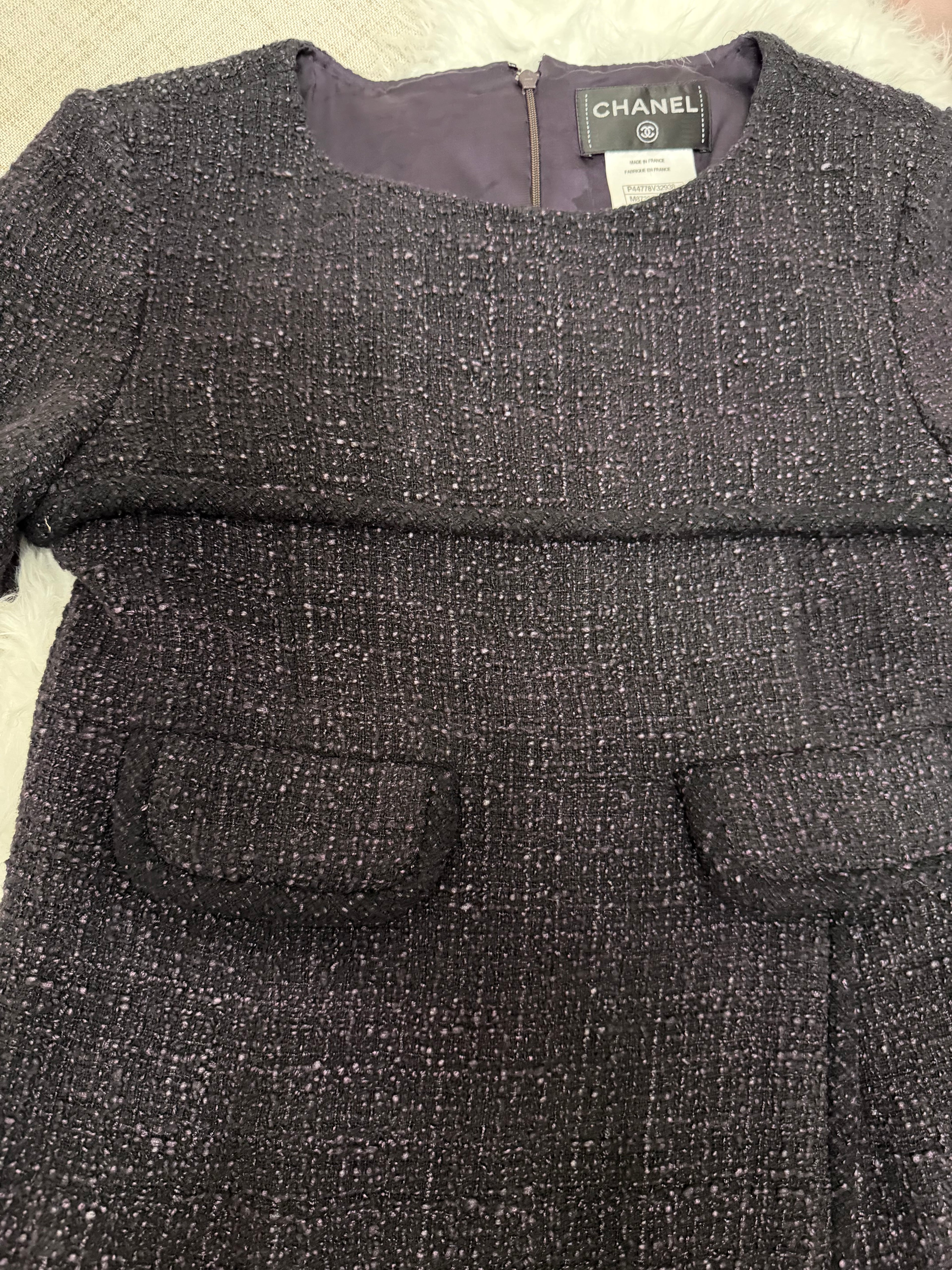 CHANEL TWEED SHORT SLEEVE DRESS WITH FRONT FLAP POCKETS