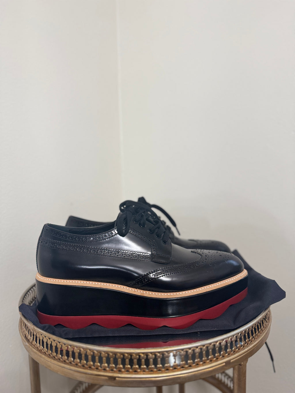 PRADA WINGTIP PLATFORM PATENT LEATHER DERBY SHOES