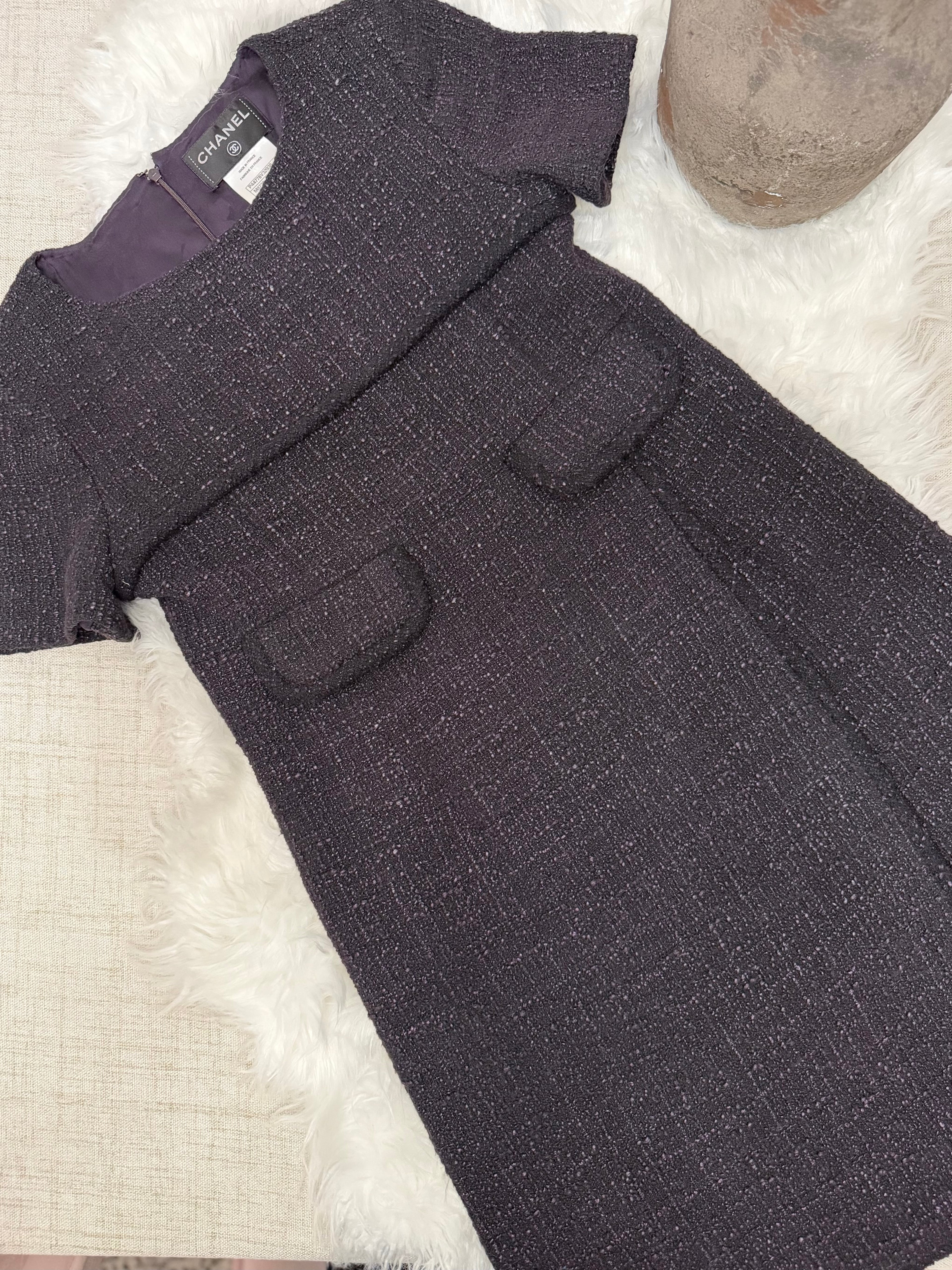 CHANEL TWEED SHORT SLEEVE DRESS WITH FRONT FLAP POCKETS