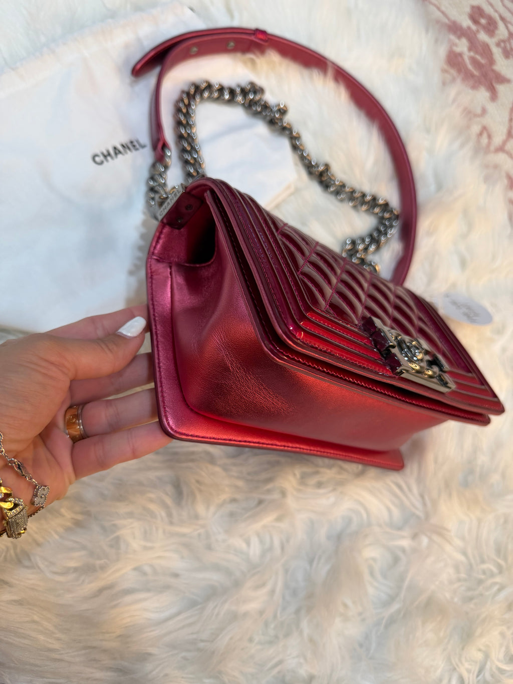 CHANEL SMALL BOY BAG IN PINK PATENT LEATHER