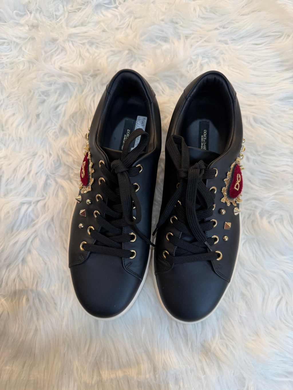 DOLCE & GABBANA HEART STUDDED LEATHER SNEAKERS