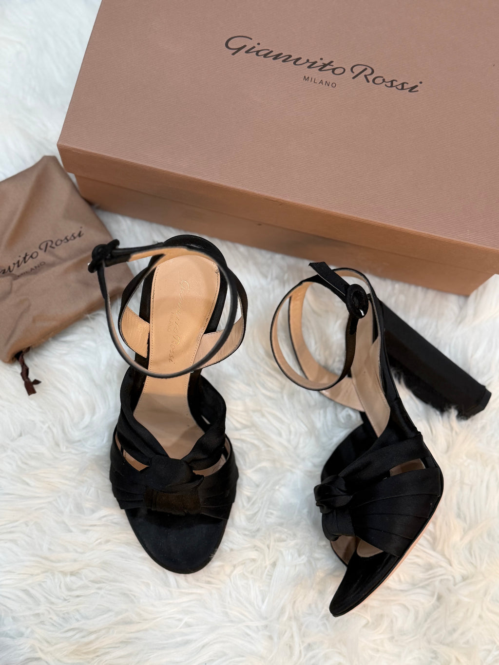 GIANVITO ROSSI SATIN KNOT ANKLE STRAP HEELS