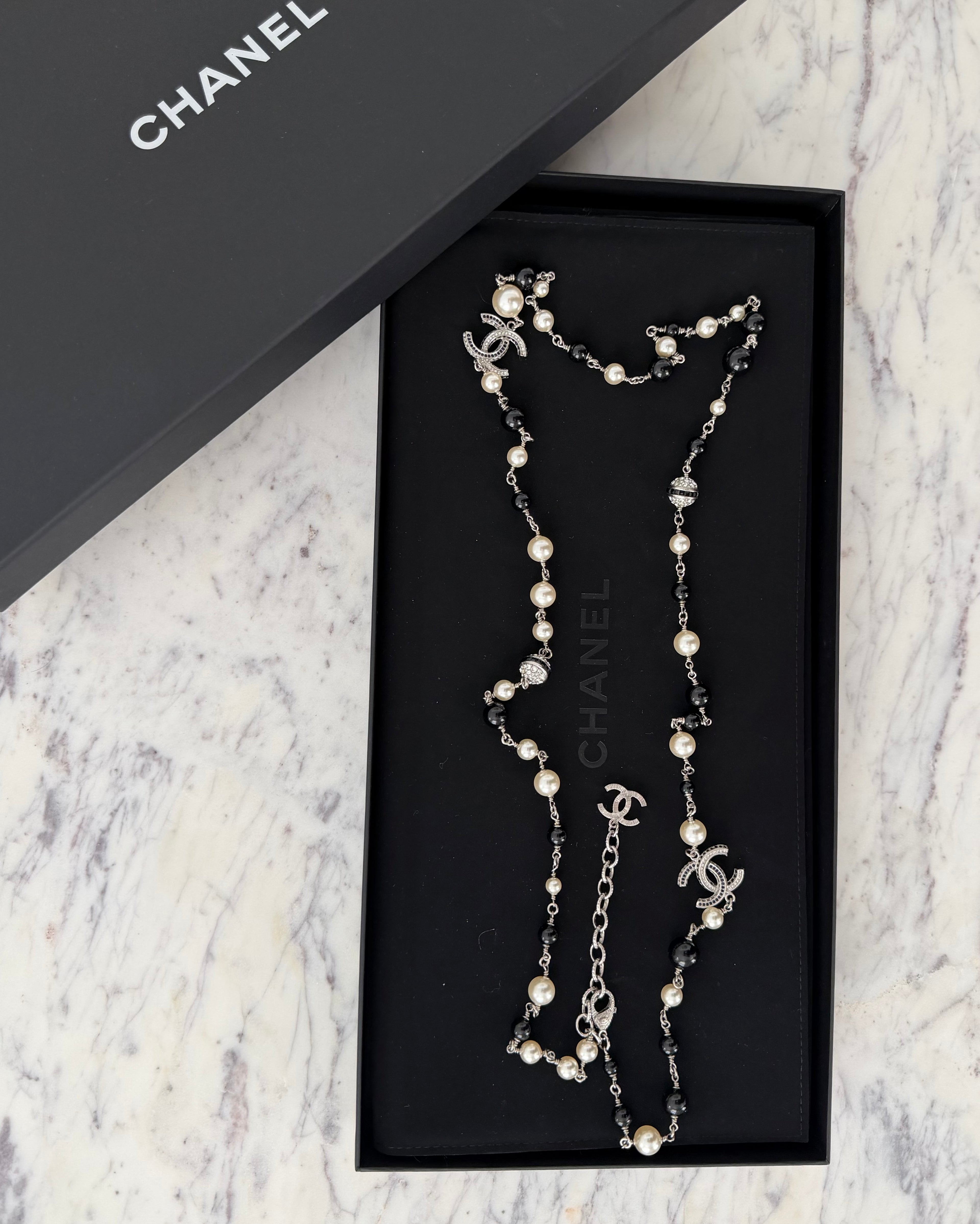 Chanel Pearl and Crystal bead CC Long necklace