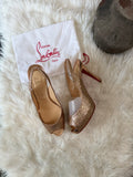 CHRISTIAN LOUBOUTIN PEEPTOE GOLD GLITTER SLINGBACK HEELS