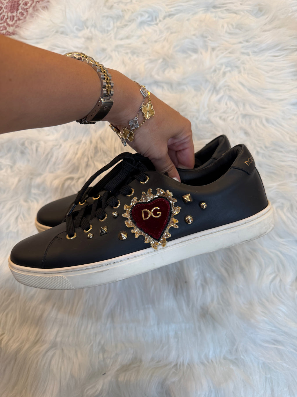 DOLCE & GABBANA HEART STUDDED LEATHER SNEAKERS