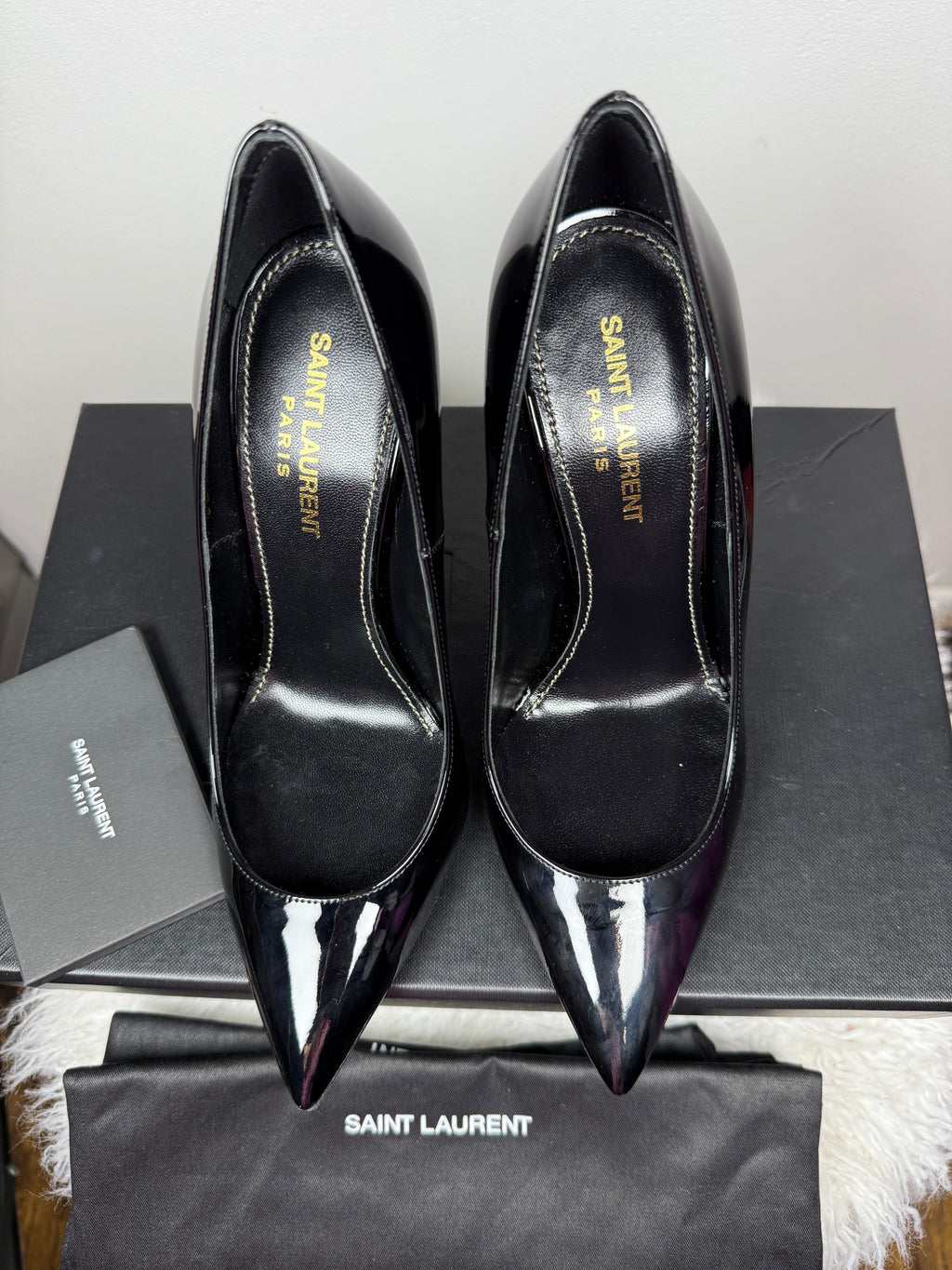SAINT LAURENT OPYUM BLACK PATENT POINTED TOE PUMPS