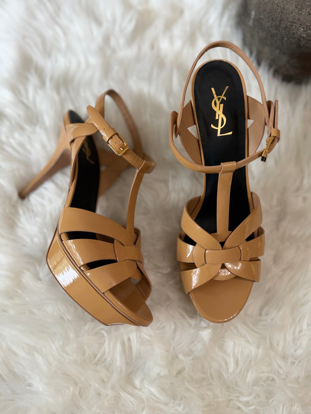 SAINT LAURENT TRIBUTE PATENT LEATHER PLATFORM SANDALS