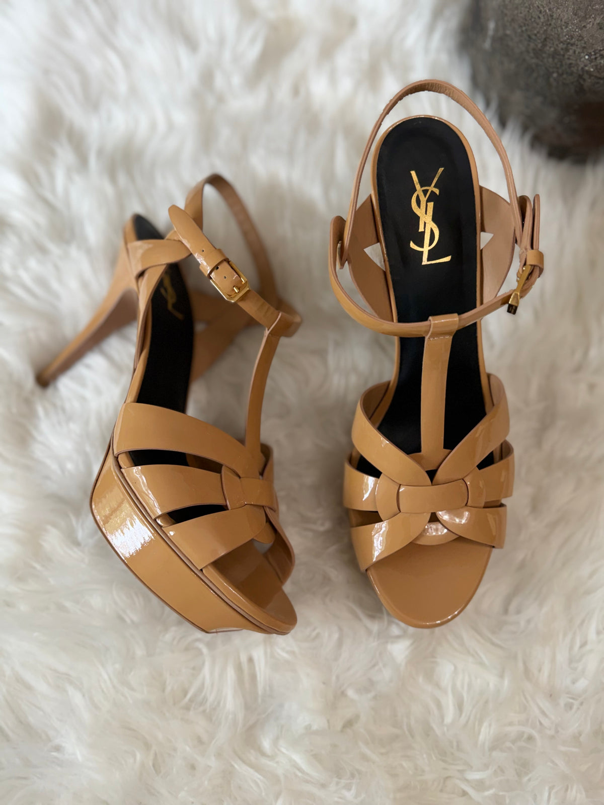 SAINT LAURENT TRIBUTE PATENT LEATHER PLATFORM SANDALS