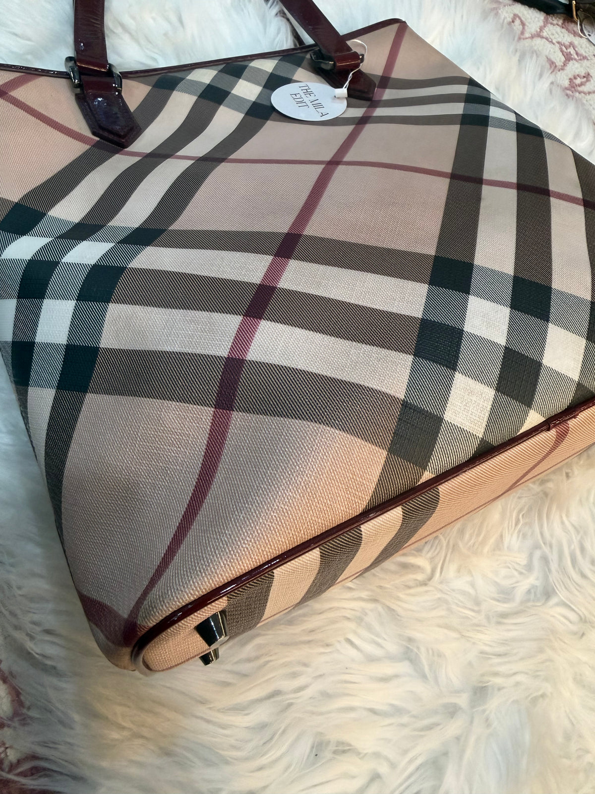 BURBERRY CHECK PRINT LONG TOTE IN CANVAS LEATHER