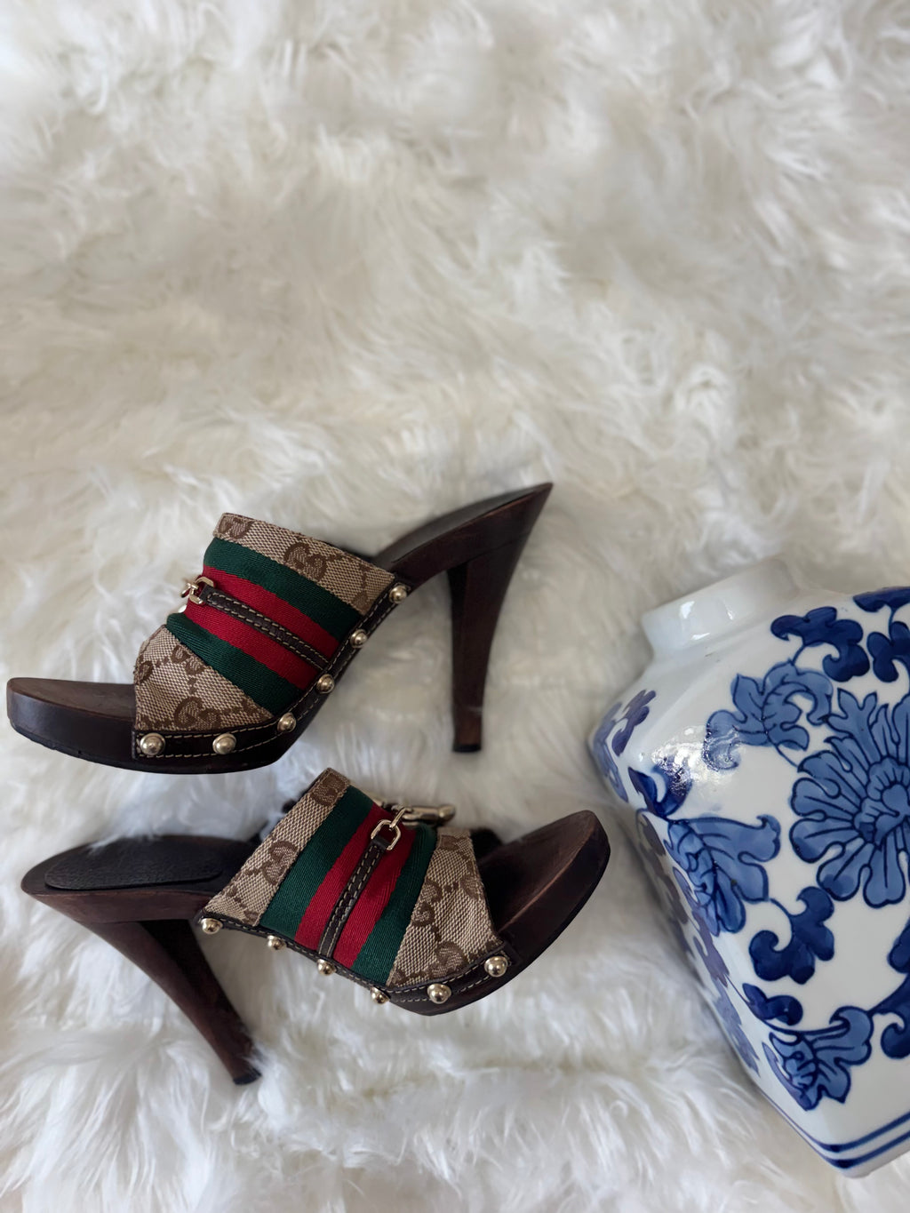 Gucci GG canvas Web Horsebit wooden clogs sandals