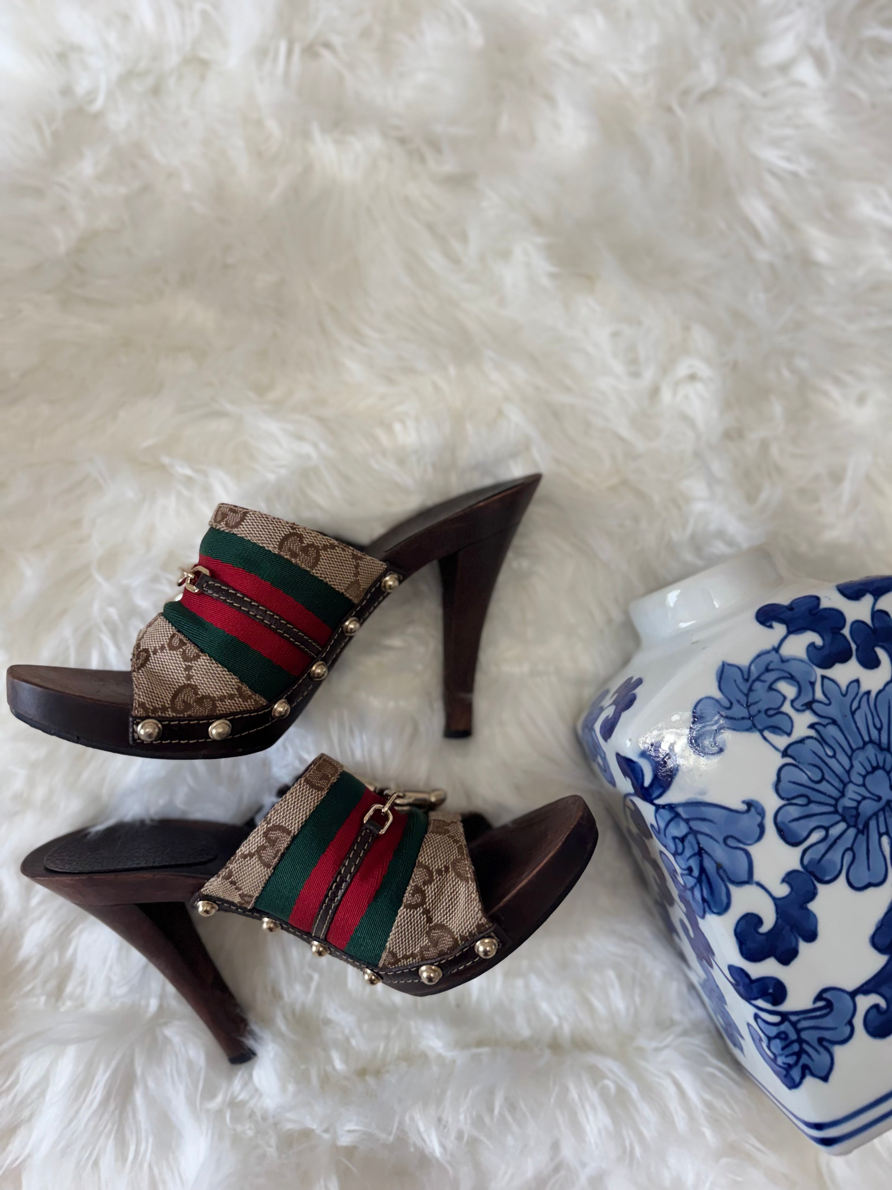 Gucci GG canvas Web Horsebit wooden clogs sandals