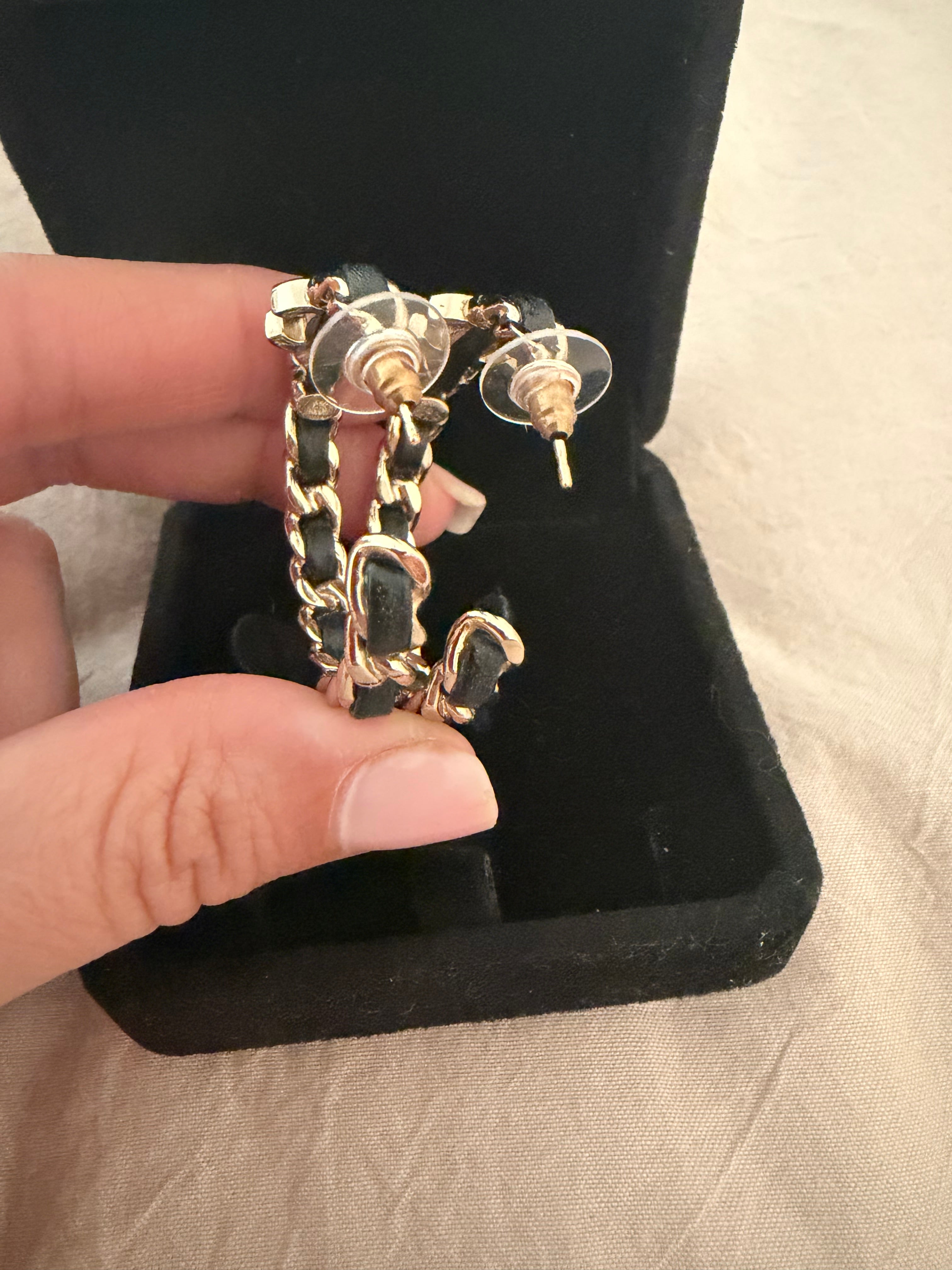 CHANEL COCO 2021 MARK LEATHER CHAIN HOOP EARRINGS