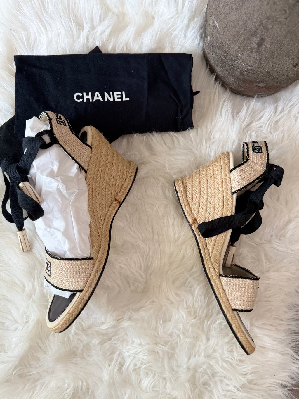 CHANEL CROCHET ESPEDRILLE WEDGES WITH BLACK TRIM