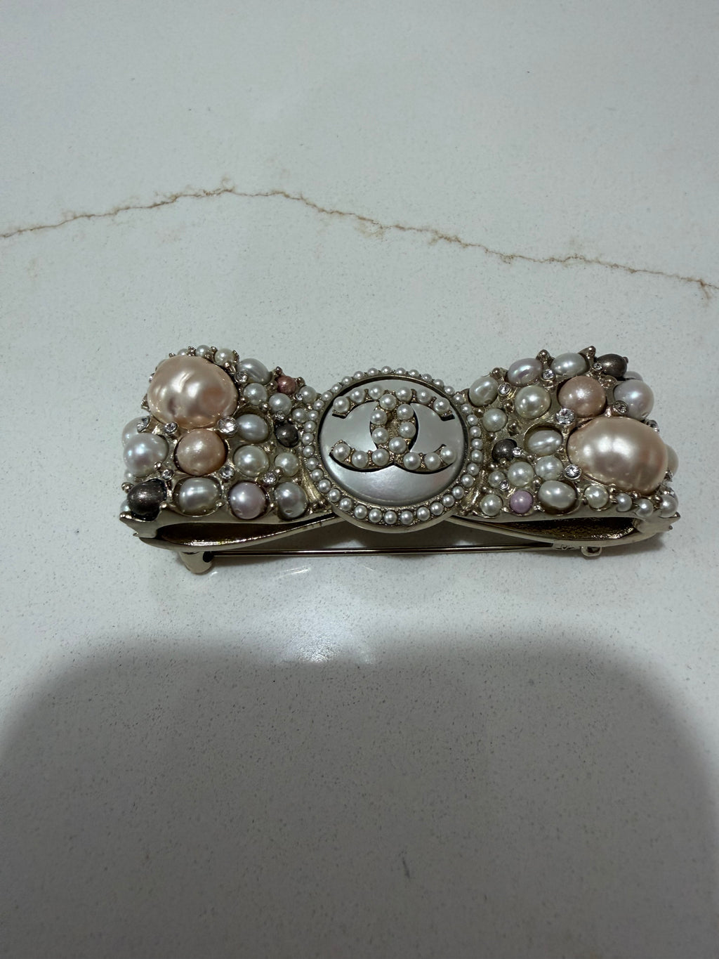 CHANEL BOW PEARL AND CHRYSTAL BROOCH