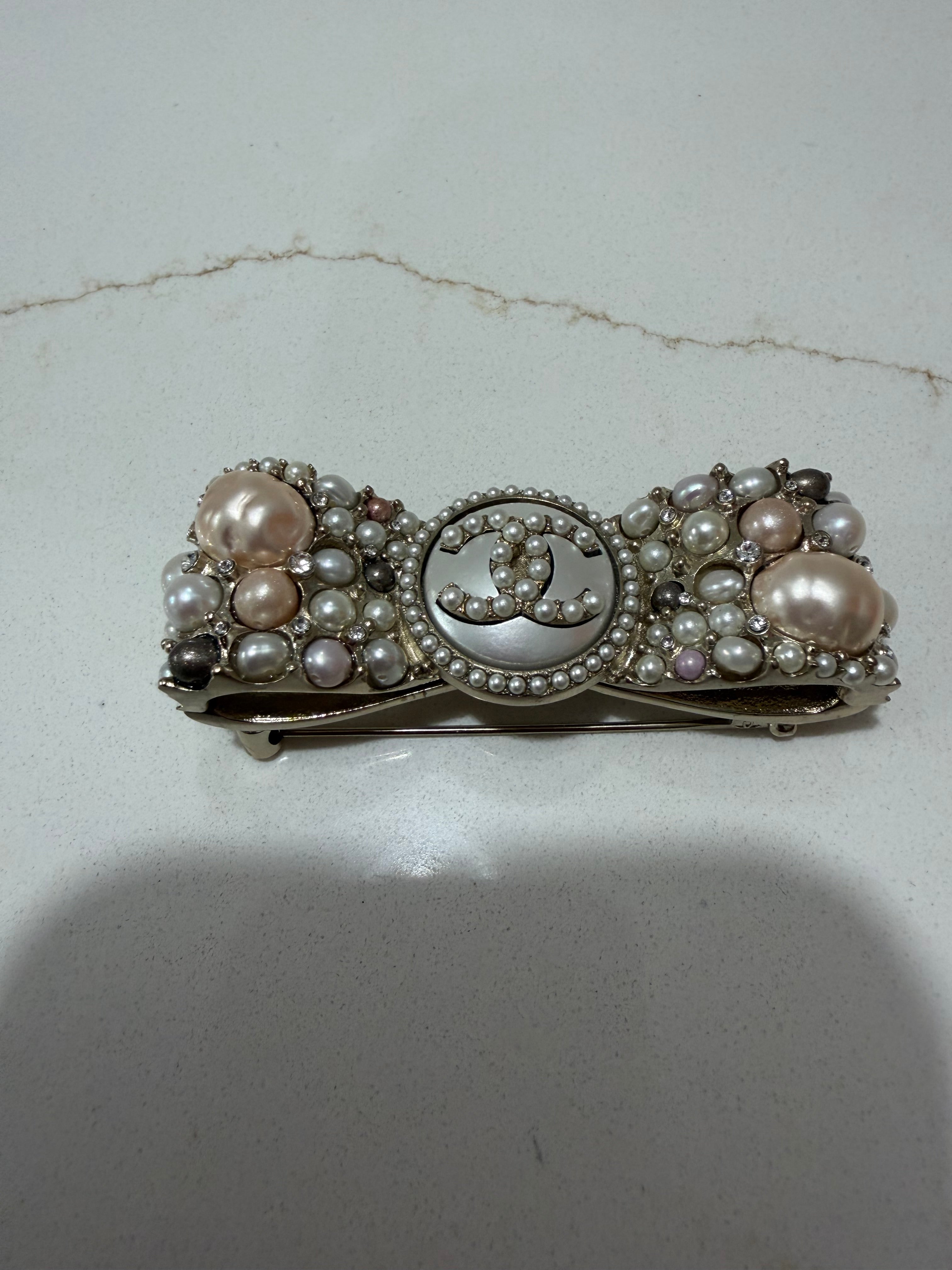 CHANEL BOW PEARL AND CHRYSTAL BROOCH