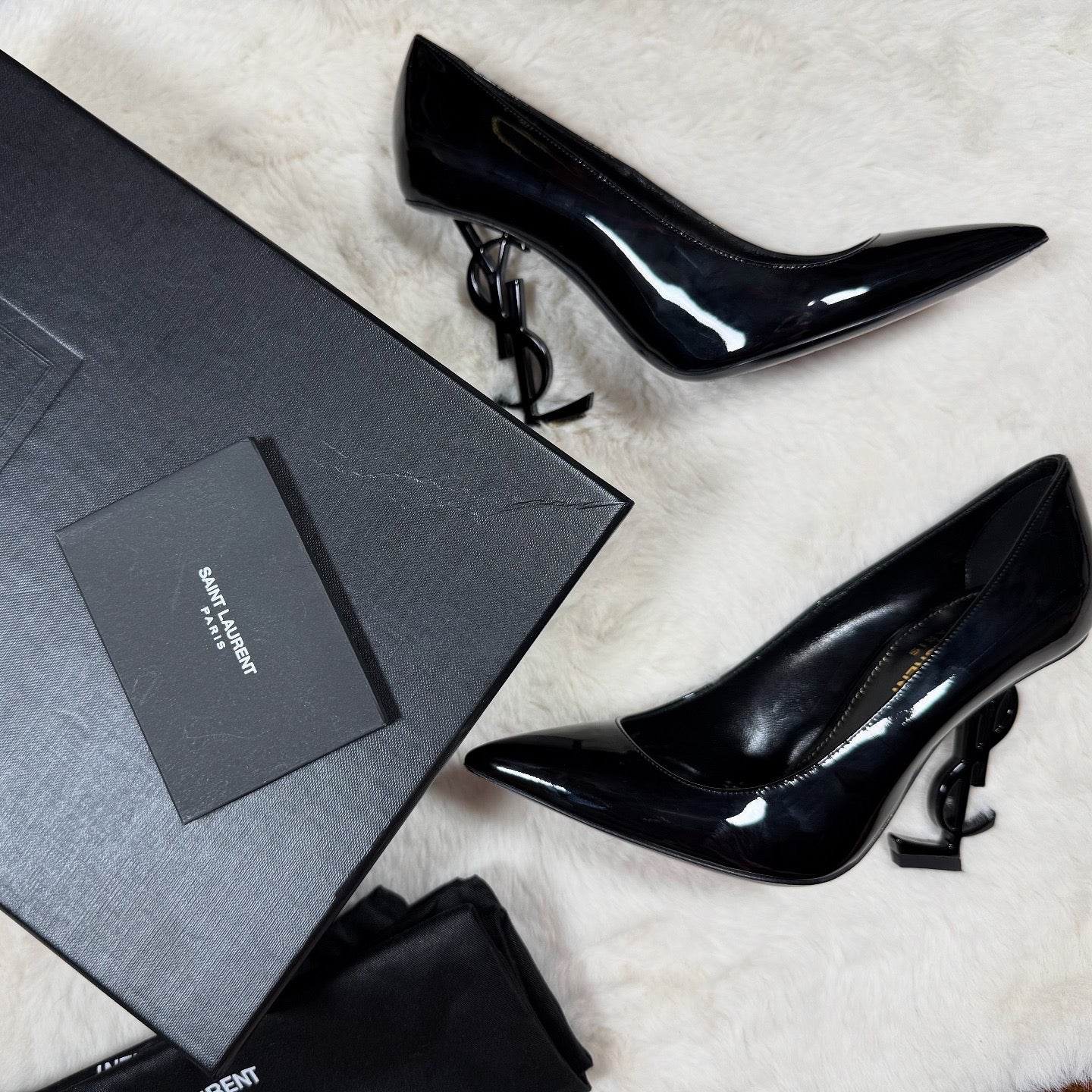 SAINT LAURENT OPYUM BLACK PATENT POINTED TOE PUMPS