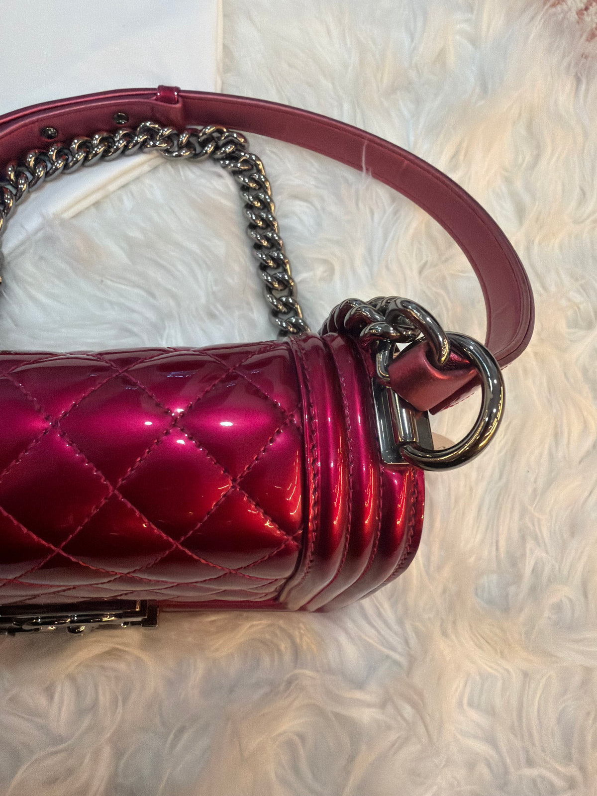 CHANEL SMALL BOY BAG IN PINK PATENT LEATHER