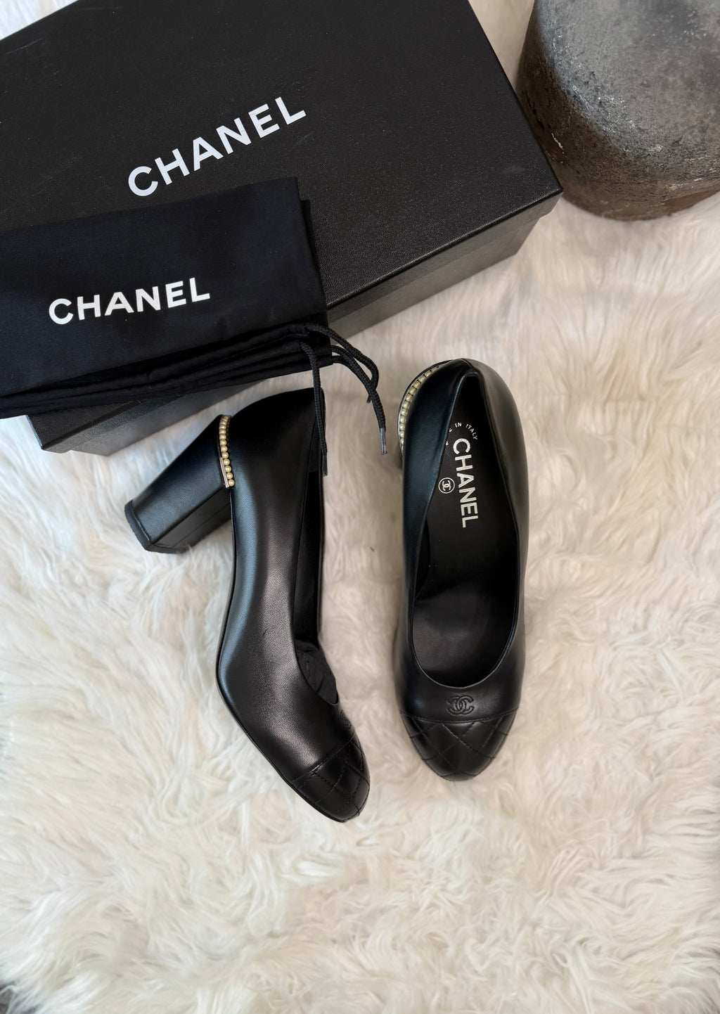 CHANEL CC LAMBSKIN PEARL CAPTOE PUMPS