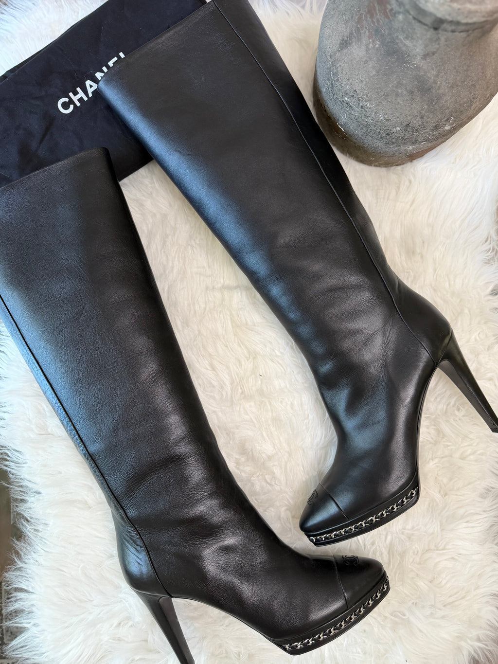 CHANEL CC INTERLOCKING KNEE-HIGH LEATHER BOOTS