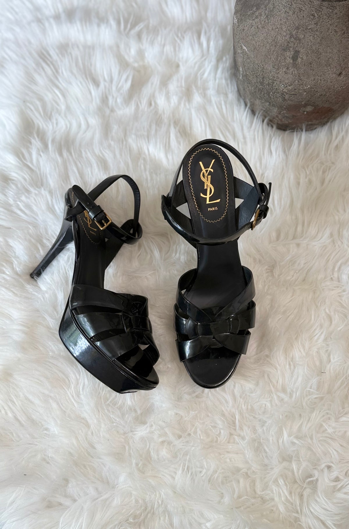 SAINT LAURENT TRIBUTE PATENT LEATHER PLATFORM SANDALS