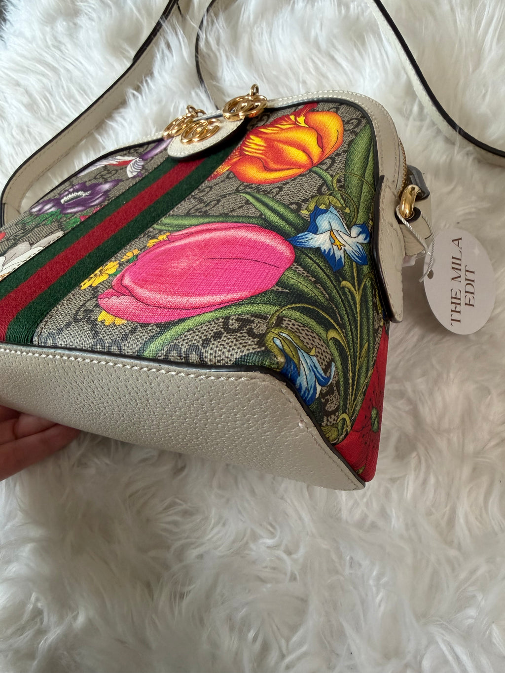 GUCCI SMALL GG SUPREME WEB FLORA OPHIDIA DOME CROSSBODY BAG