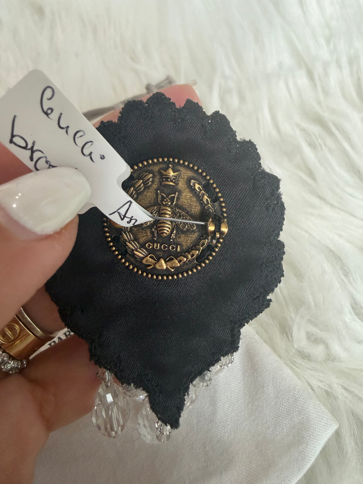 GUCCI CRYSTAL AND BEAD G BROOCH