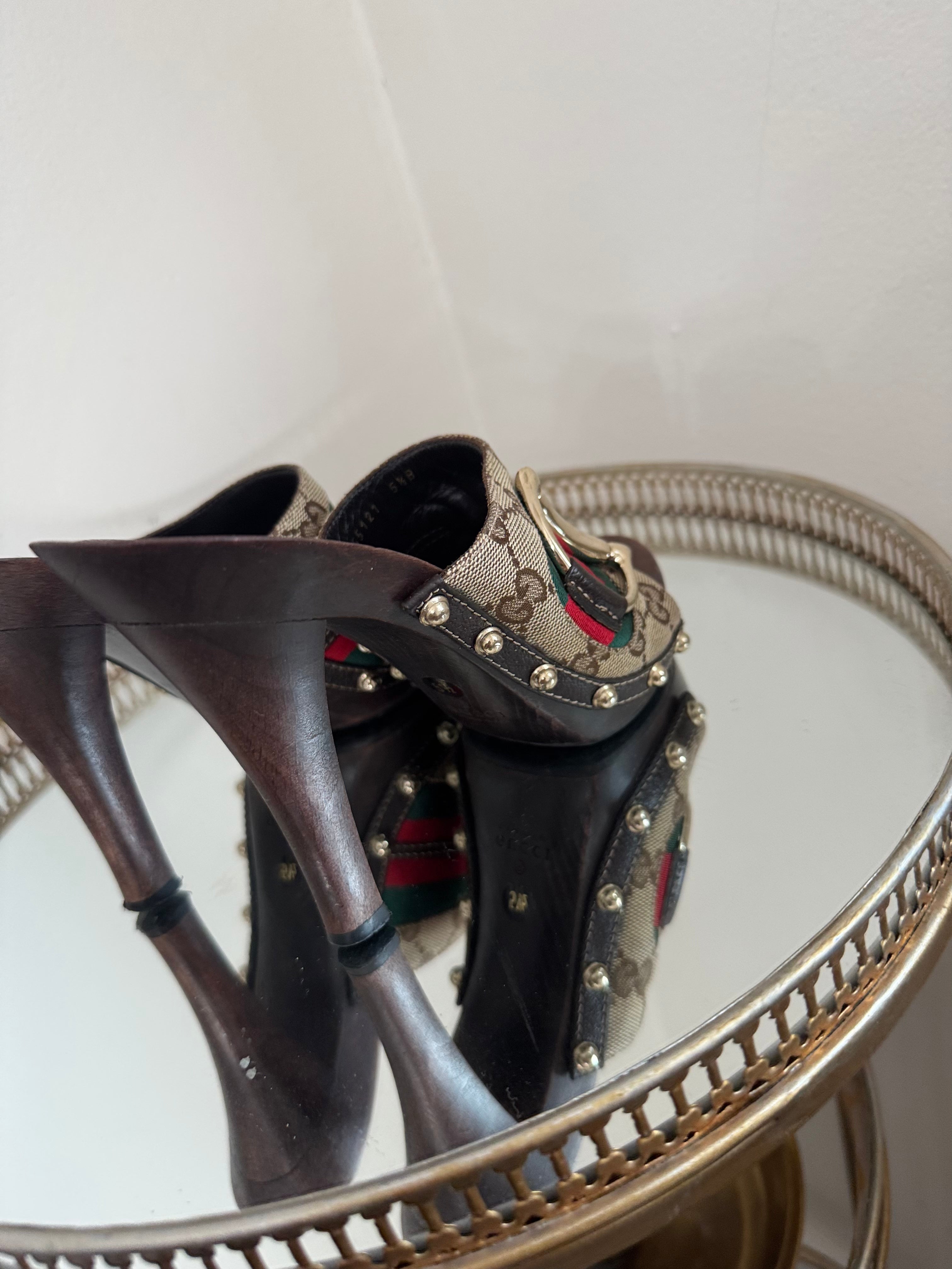 Gucci GG canvas Web Horsebit wooden clogs sandals