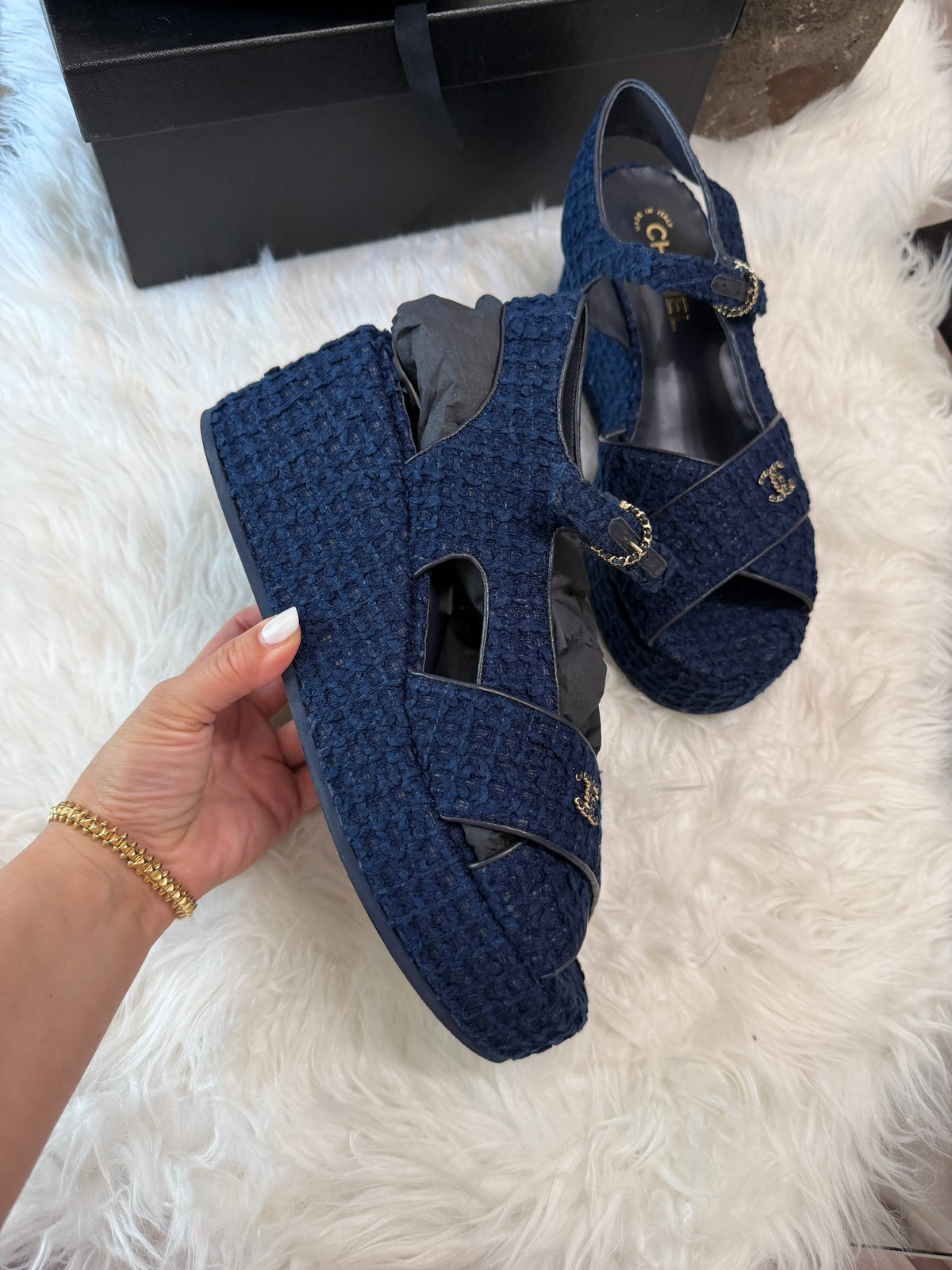 CHANEL TWEED QUILTED CC PLATFORM SANDALS