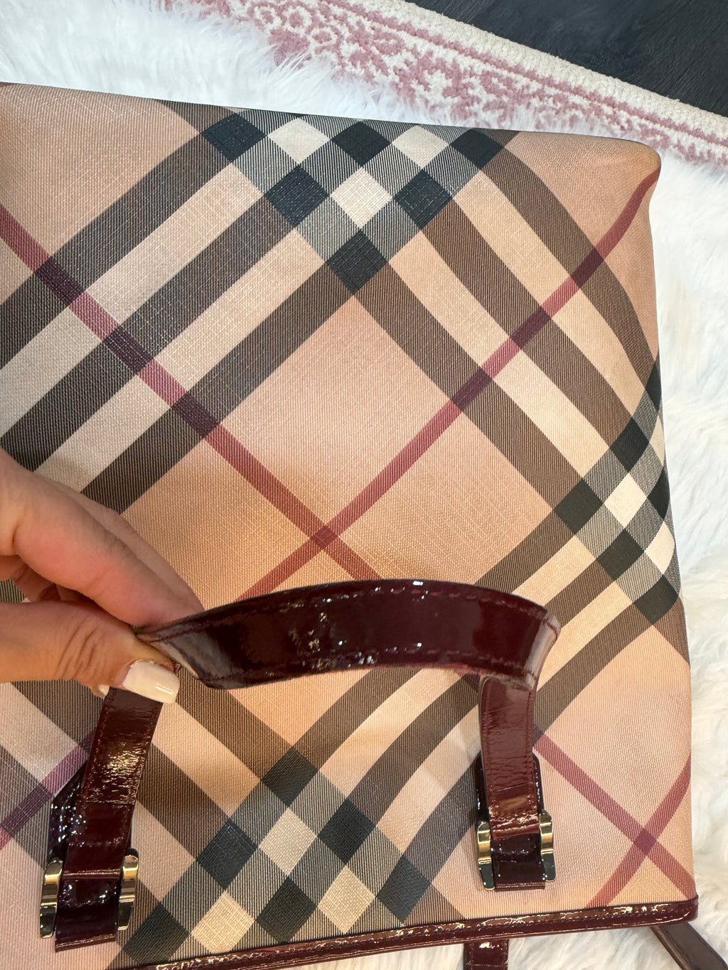 BURBERRY CHECK PRINT LONG TOTE IN CANVAS LEATHER