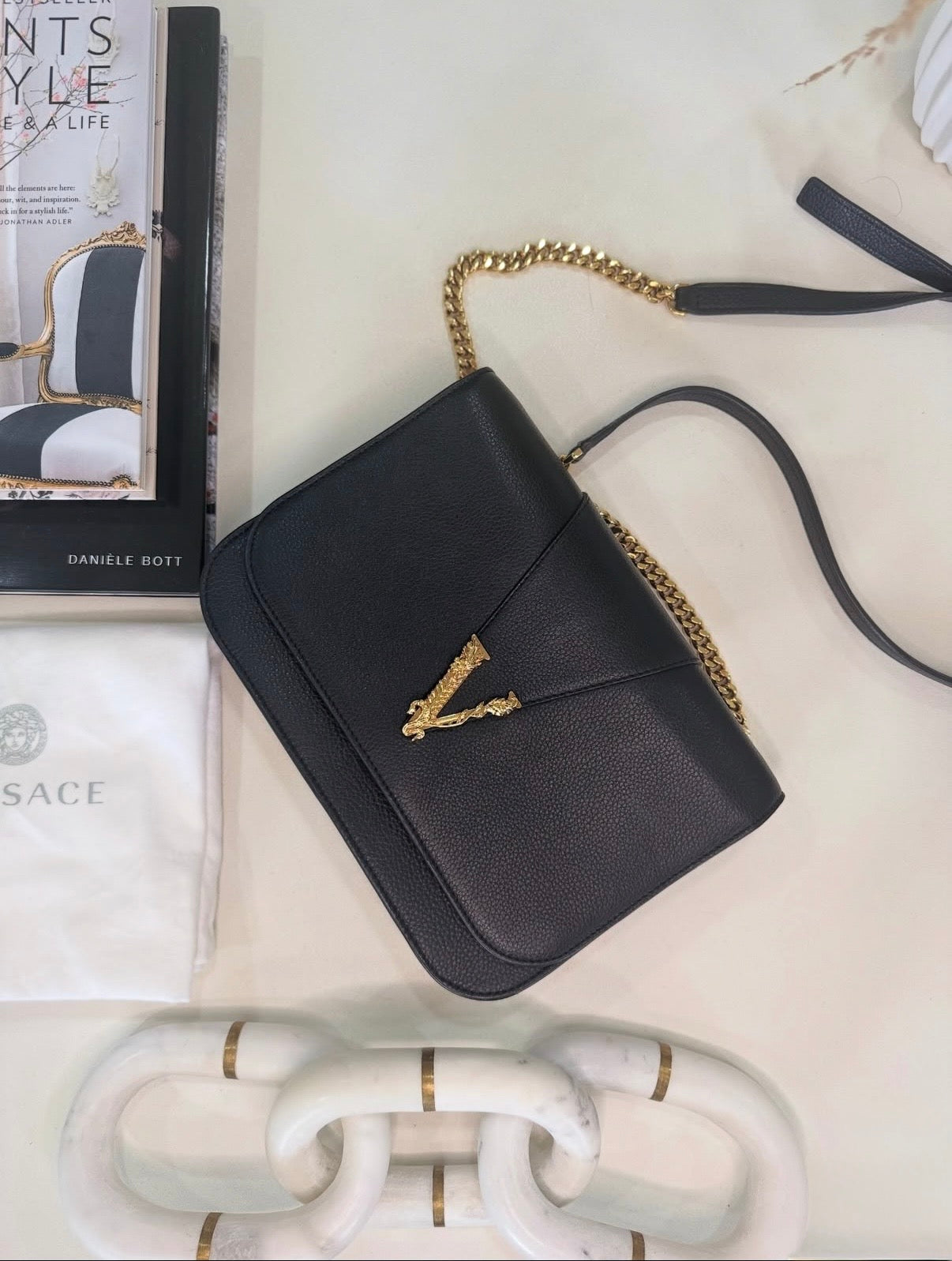 Versace Chain Virtus Leather Logo Crossbody