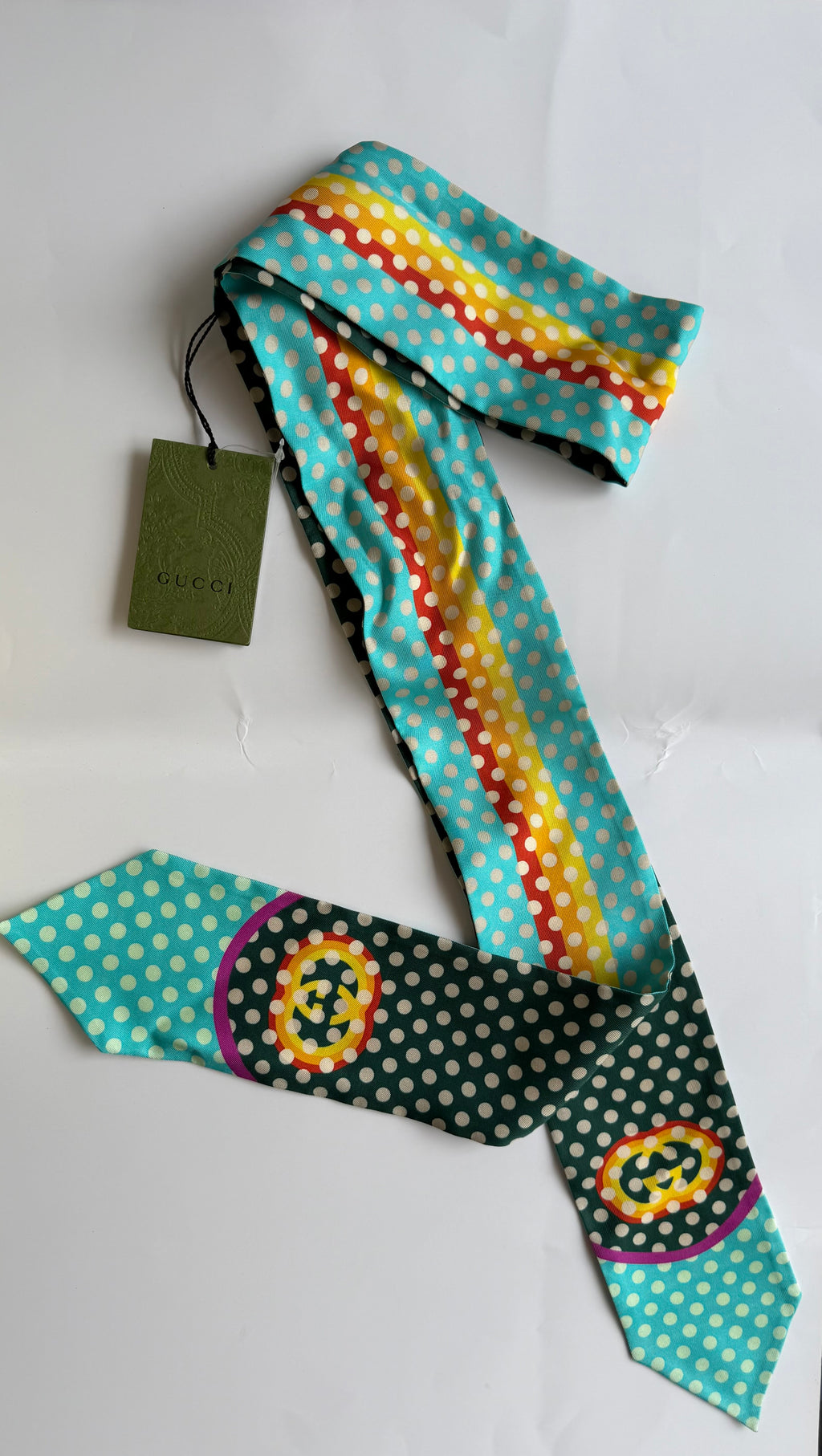 GUCCI GREEN POLKA DOT SILK HEADBAND