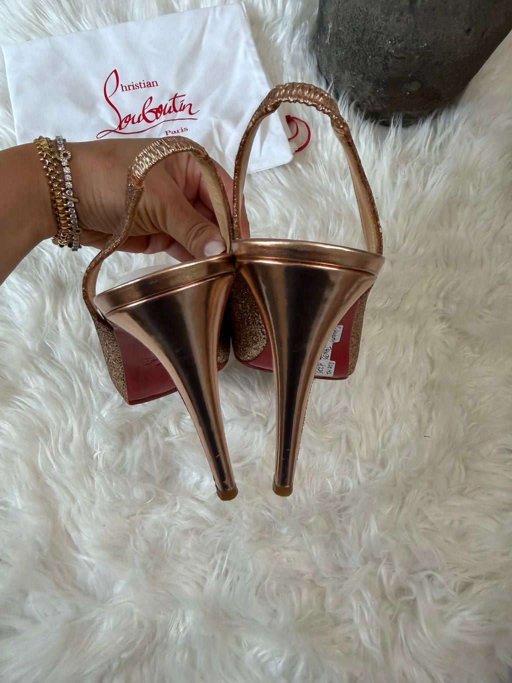 CHRISTIAN LOUBOUTIN PEEPTOE GOLD GLITTER SLINGBACK HEELS