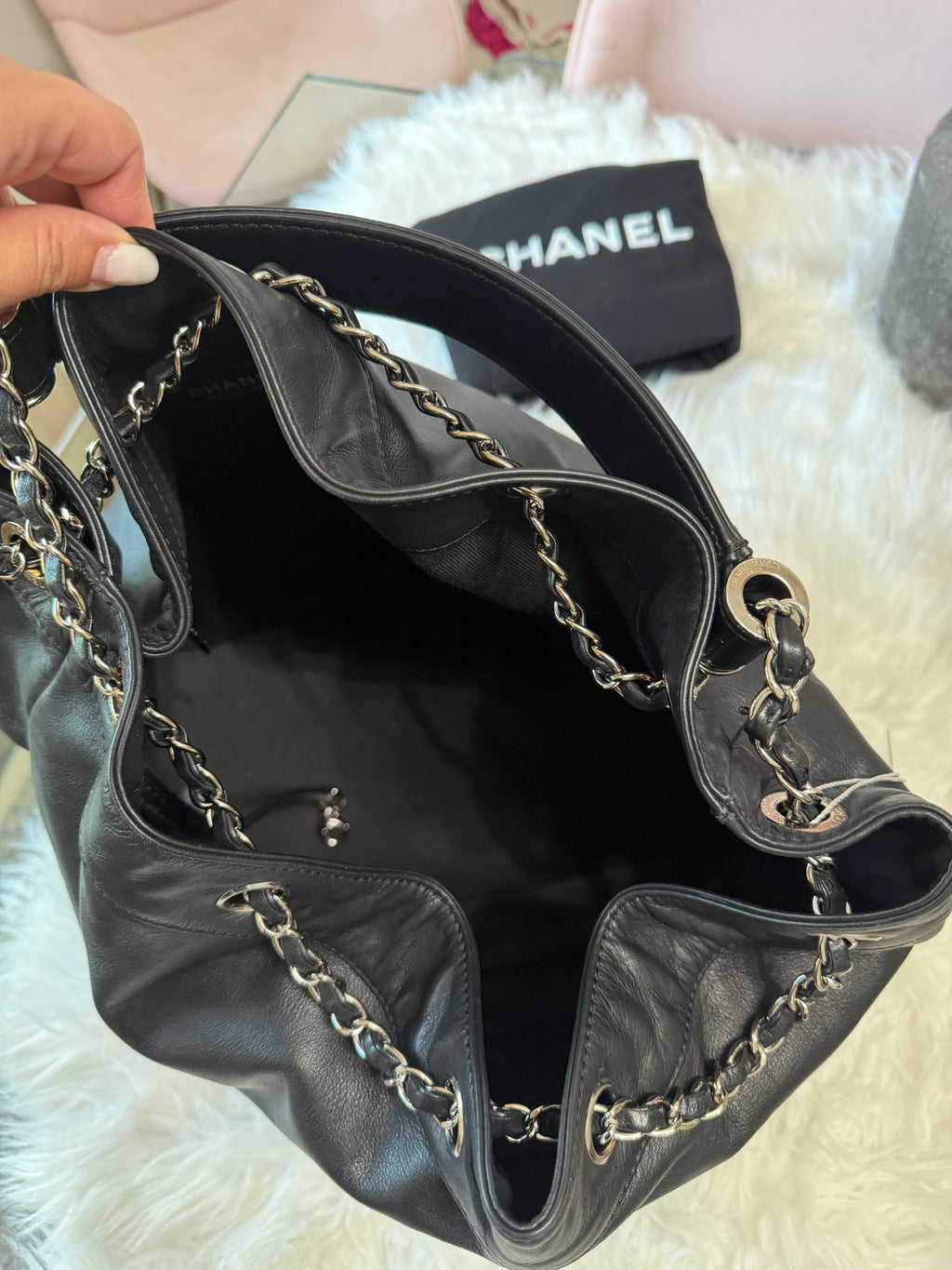 CHANEL SURPIQUE CC DRAWSTRING CALFSKIN BUCKET BAG
