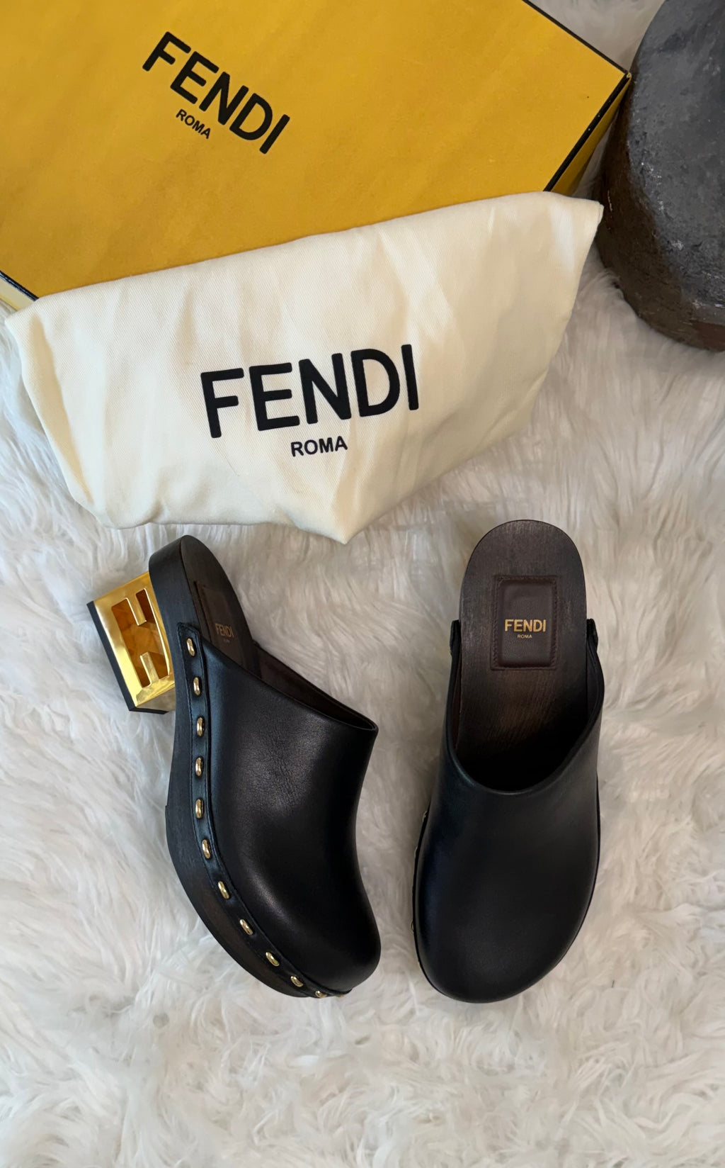 FENDI BAGUETTE CLOGS LEATHER WITH FF LOGO BLOCK HEEL