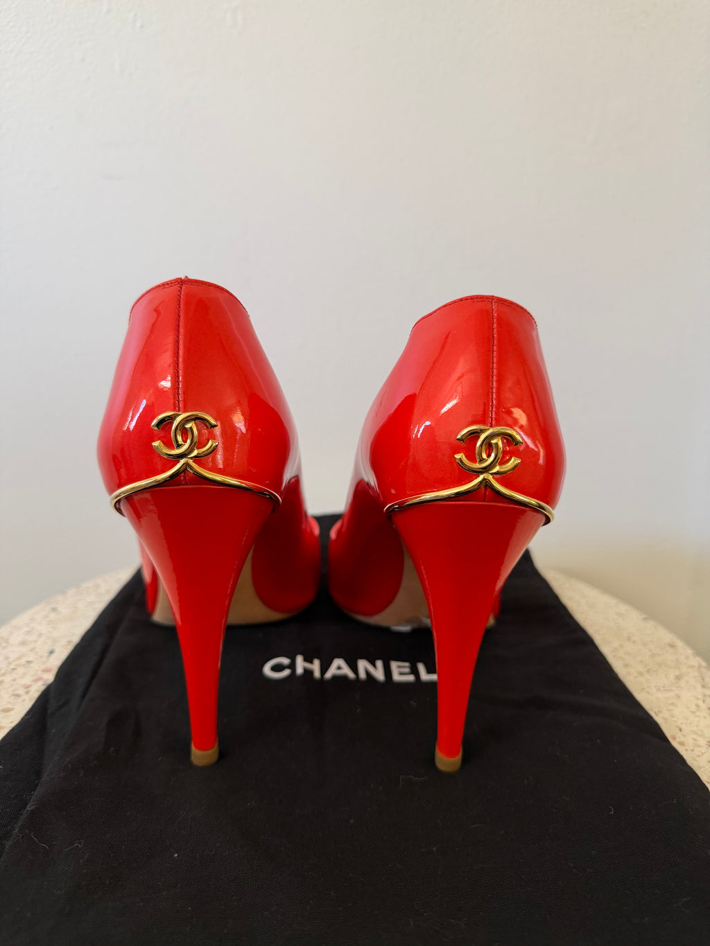 CHANEL CC PATENT LEATHER PEEP TOE PUMPS