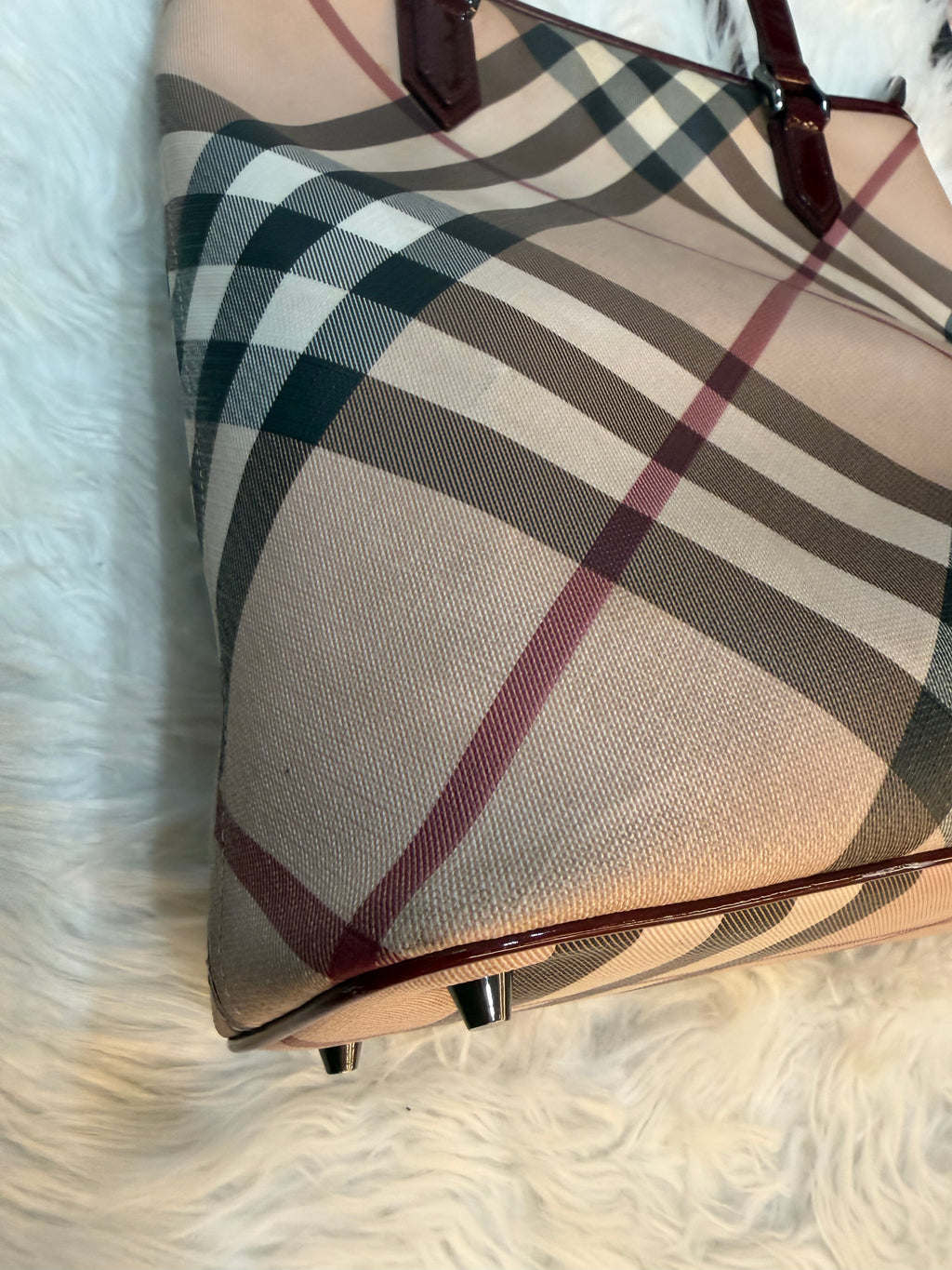 BURBERRY CHECK PRINT LONG TOTE IN CANVAS LEATHER