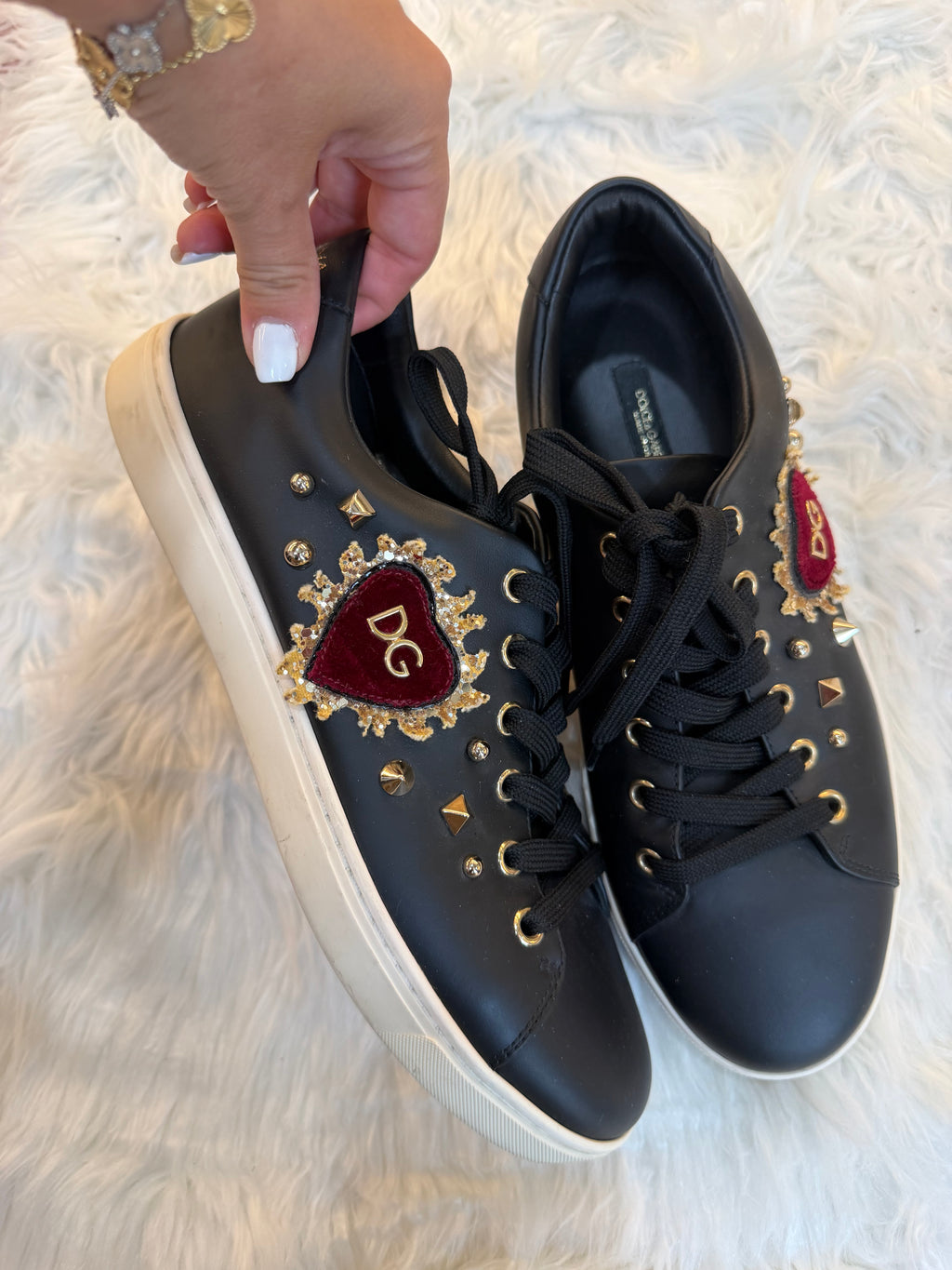 DOLCE & GABBANA HEART STUDDED LEATHER SNEAKERS