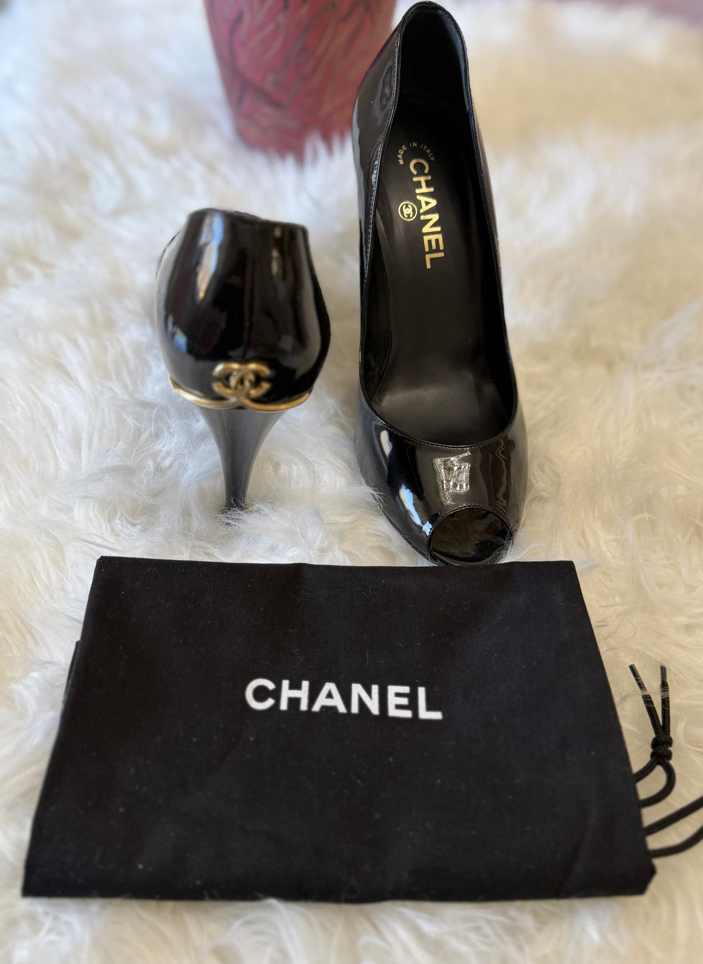 CHANEL CC PATENT LEATHER PEEP TOE PUMPS