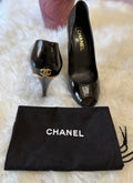 CHANEL CC PATENT LEATHER PEEP TOE PUMPS