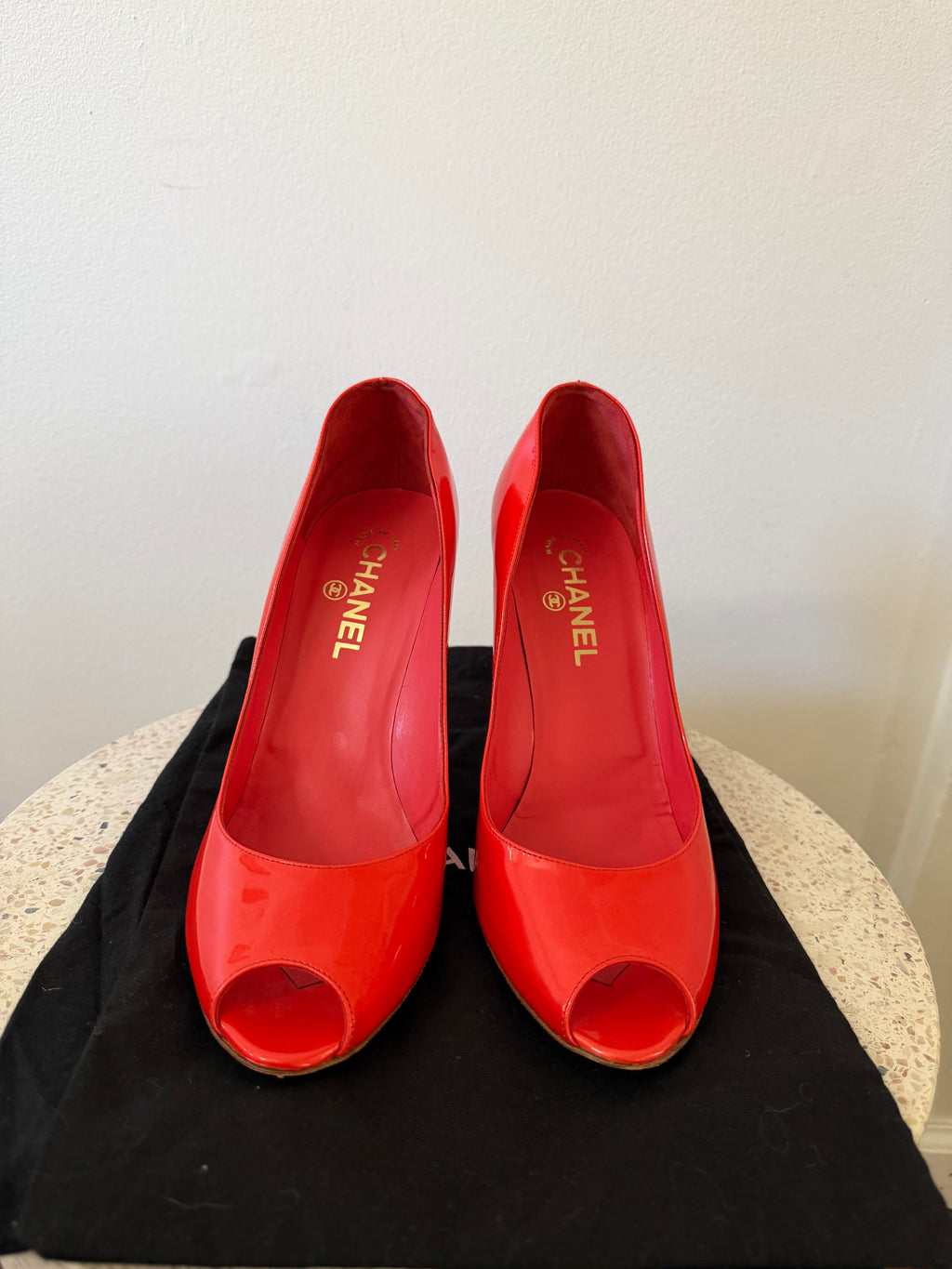 CHANEL CC PATENT LEATHER PEEP TOE PUMPS