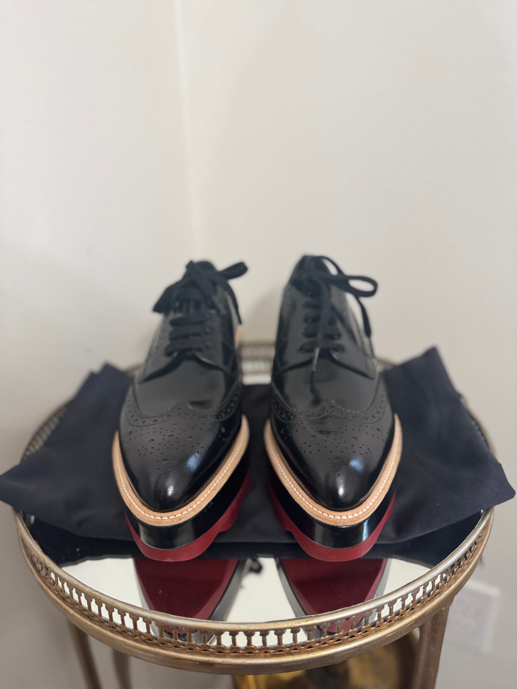 PRADA WINGTIP PLATFORM PATENT LEATHER DERBY SHOES