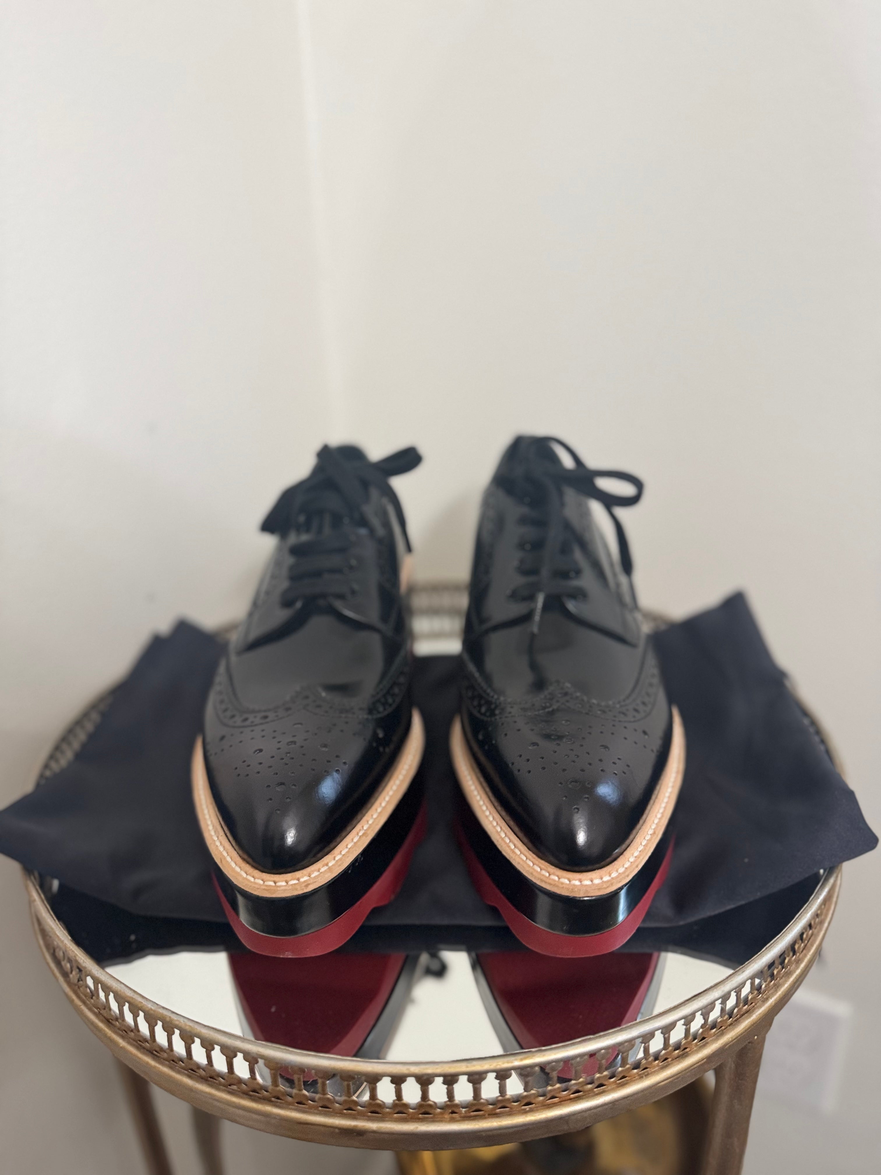 PRADA WINGTIP PLATFORM PATENT LEATHER DERBY SHOES
