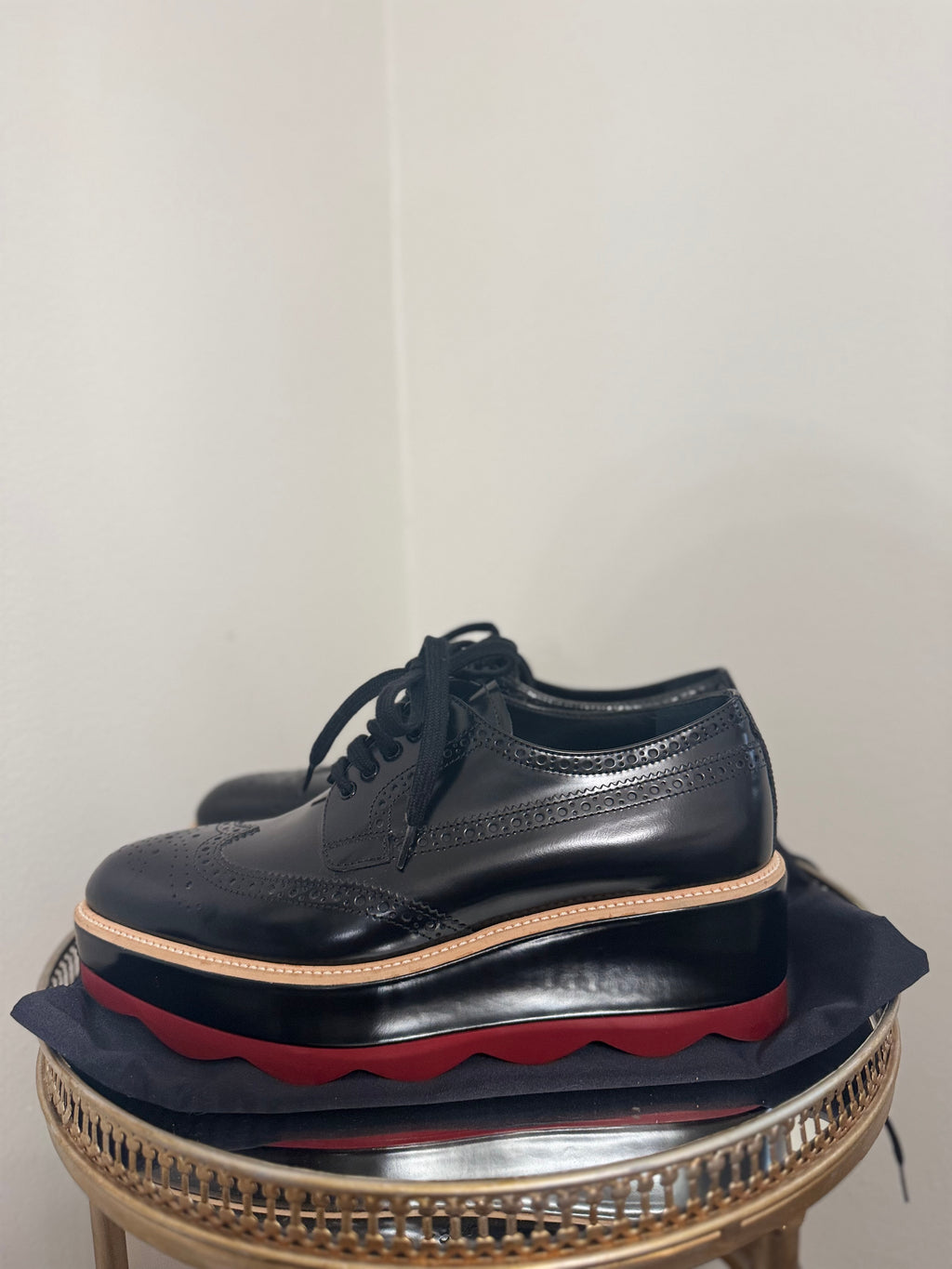 PRADA WINGTIP PLATFORM PATENT LEATHER DERBY SHOES